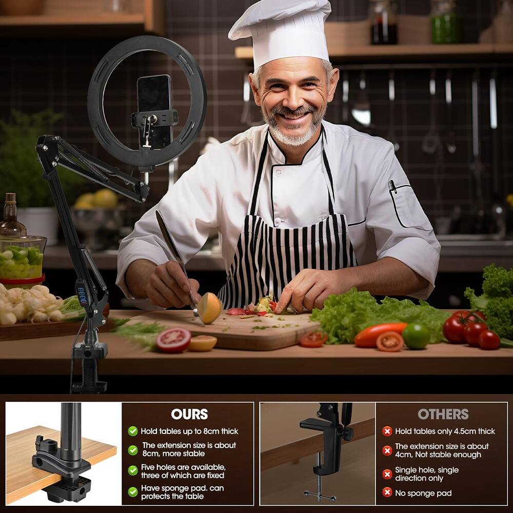 **OURS**

- Hold tables up to 8cm thick
- The extension size is about 8cm, more stable
- Five holes are available, three of which are fixed
- Have sponge pad, can protect the table

**OTHERS**

- Hold tables only 4.5cm thick
- The extension size is about 4cm, not stable enough
- Single hole, single direction only
- No sponge pad