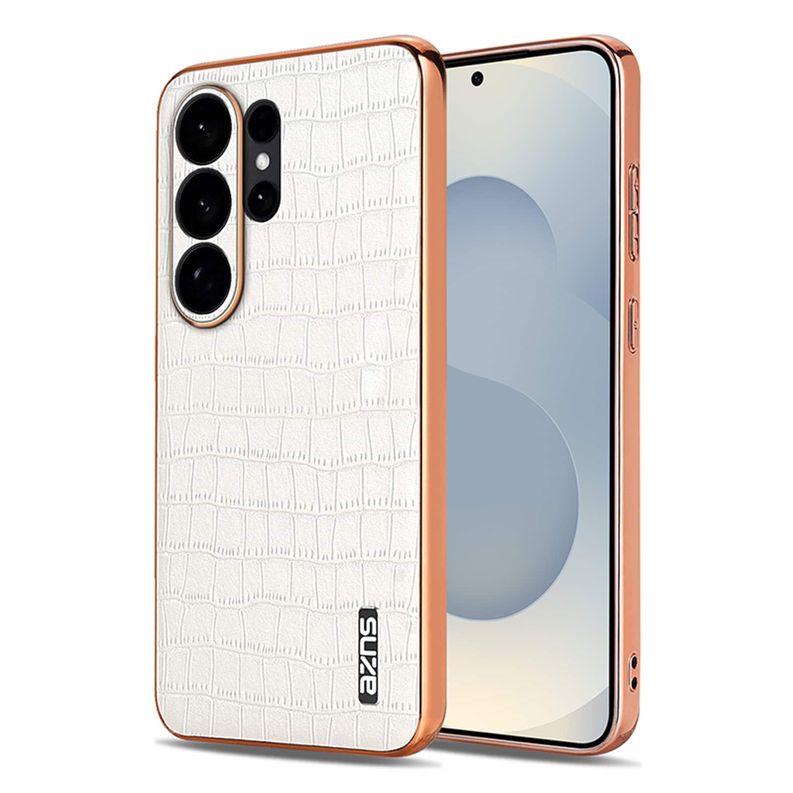 Dteck - Shockproof Case for Samsung Galaxy S26 Ultra, Luxury Electroplated Frame PU Leather TPU Cover, Precision Lens Raised Lip - White