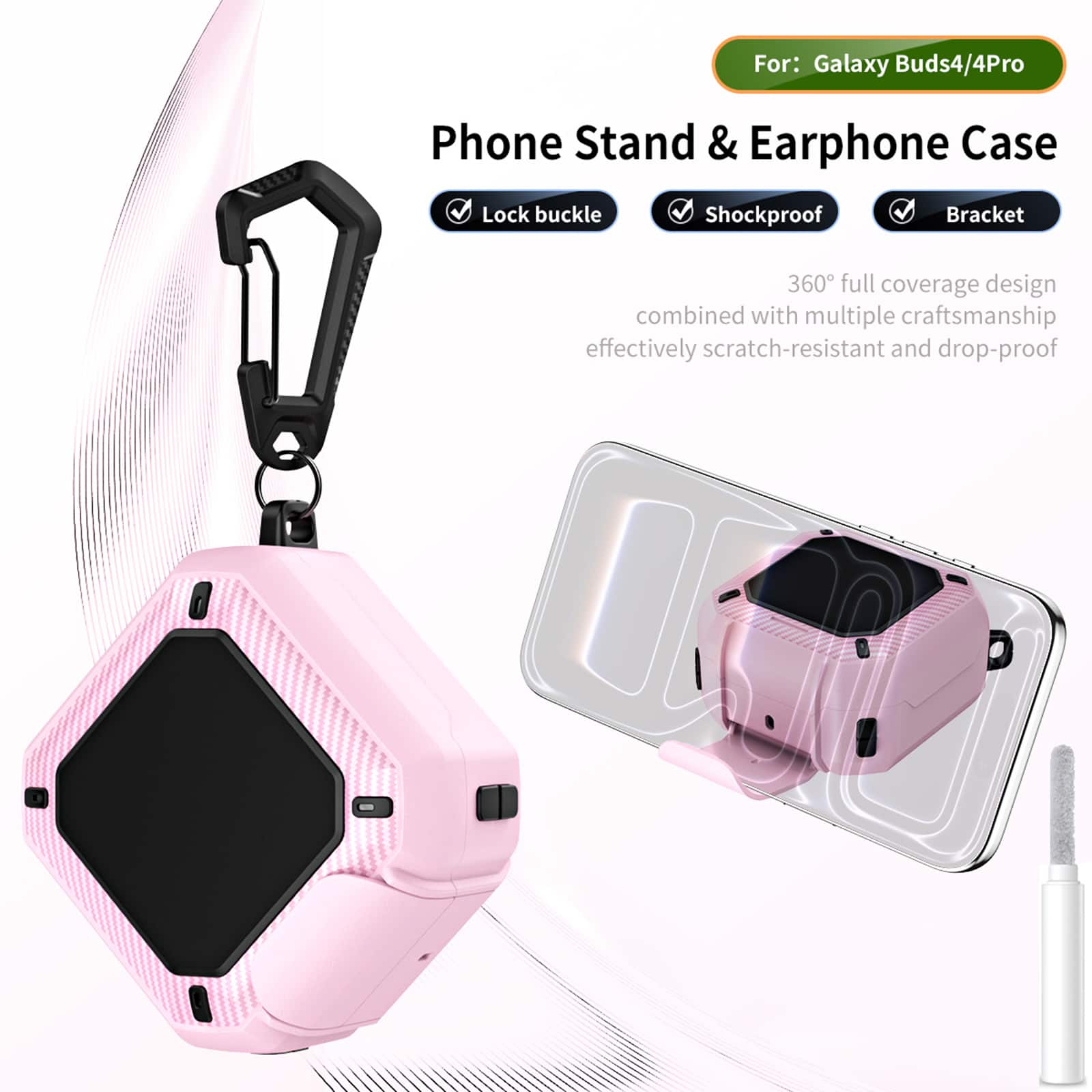 Dteck - for Samsung Galaxy Buds 4 / Galaxy Buds 4 Pro Case with Lock Clip and Phone Stand, Comes with Hook and Cleaning Pen - Pink