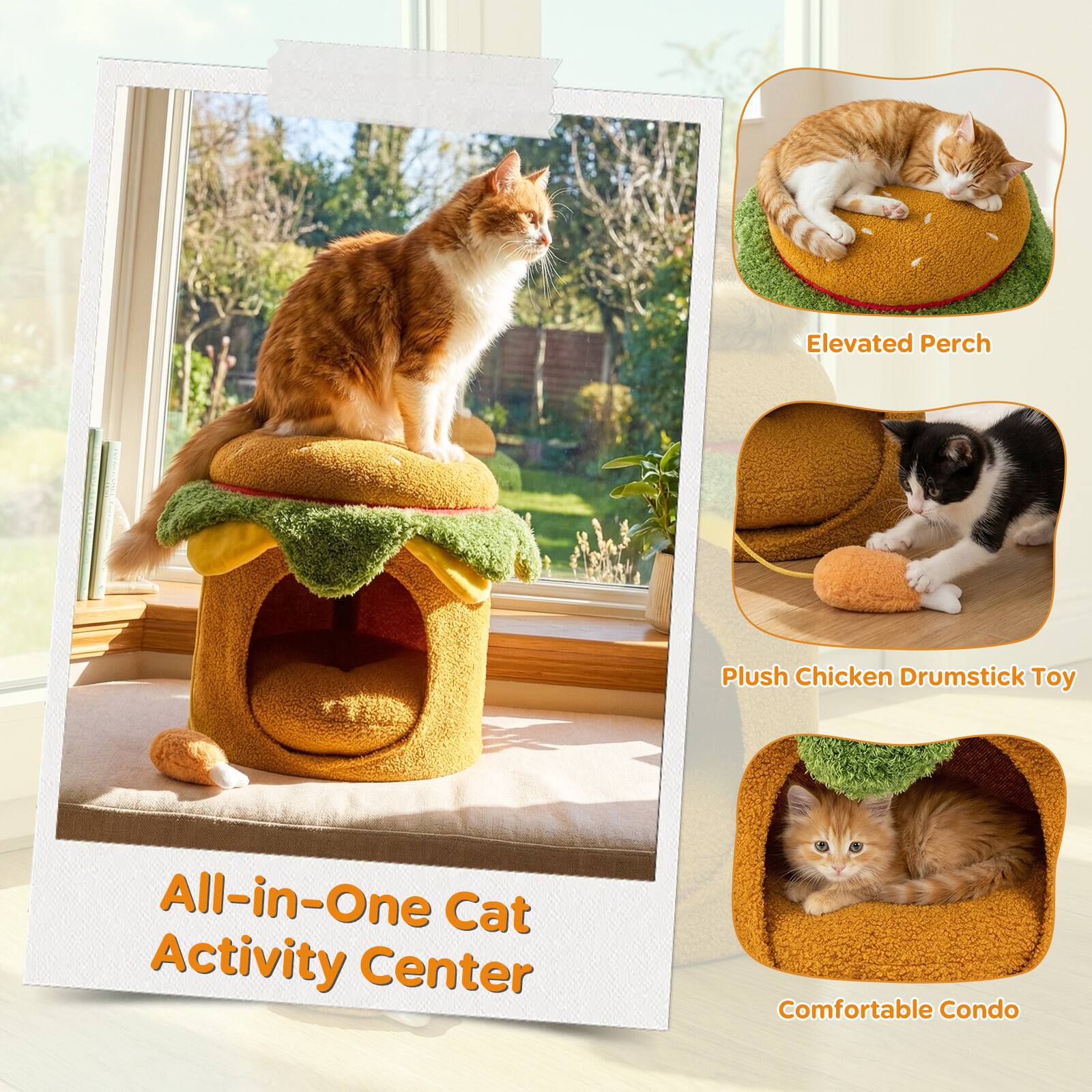 Elevated Perch Plush Chicken Drumstick Toy All-in-One Cat Activity Center Comfortable Condo

- Elevated Perch
- Plush Chicken Drumstick Toy
- Comfortable Condo

All-in-One Cat Activity Center