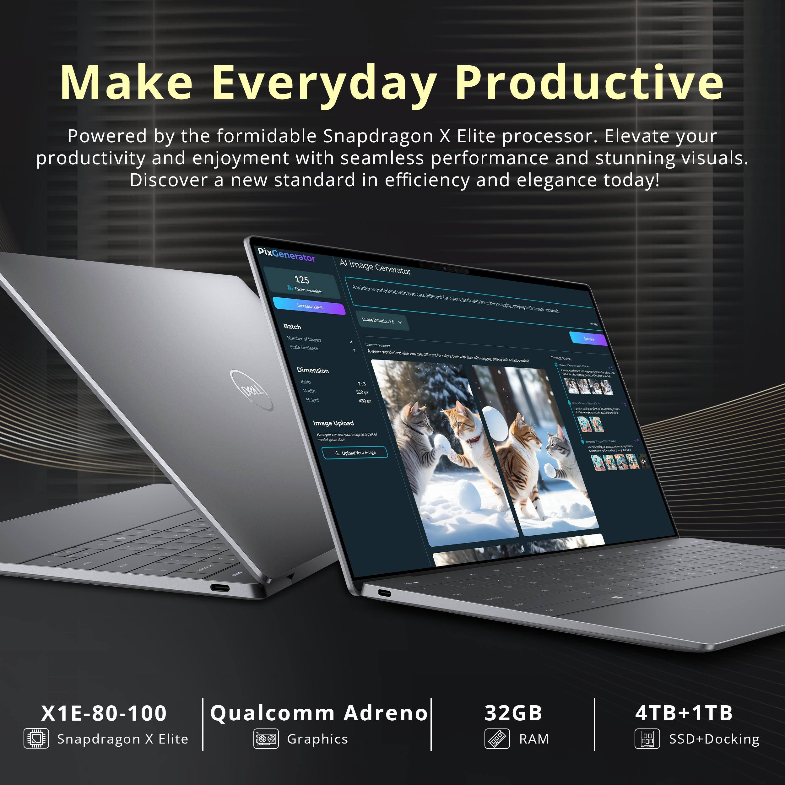 Make Everyday Productive

Powered by the formidable Snapdragon X Elite processor. Elevate your productivity and enjoyment with seamless performance and stunning visuals. Discover a new standard in efficiency and elegance today!

PixGenerator AI Image Generator

125 Tokens

Batch

Number of Images

3

Style Guidance

2

Dimension

2:3

Height

420g

Image Upload

Upload for up

X1E-80-100 Qualcomm Adreno Snapdragon X Elite Graphics

32GB RAM

4TB+1TB SSD+Docking