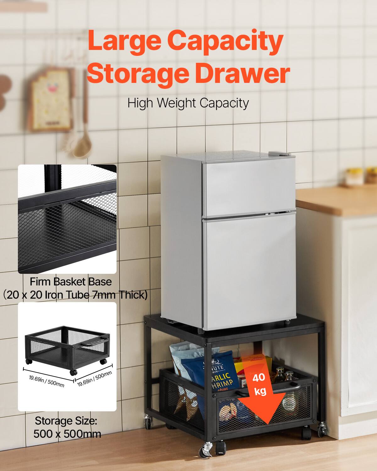 Large Capacity Storage Drawer, High Weight Capacity, Firm Basket Base (20 X 20 Iron Tube 7mm Thick), 19.69in : 500mm : 500mm, Storage Size: 500 X 500mm, 40 kg