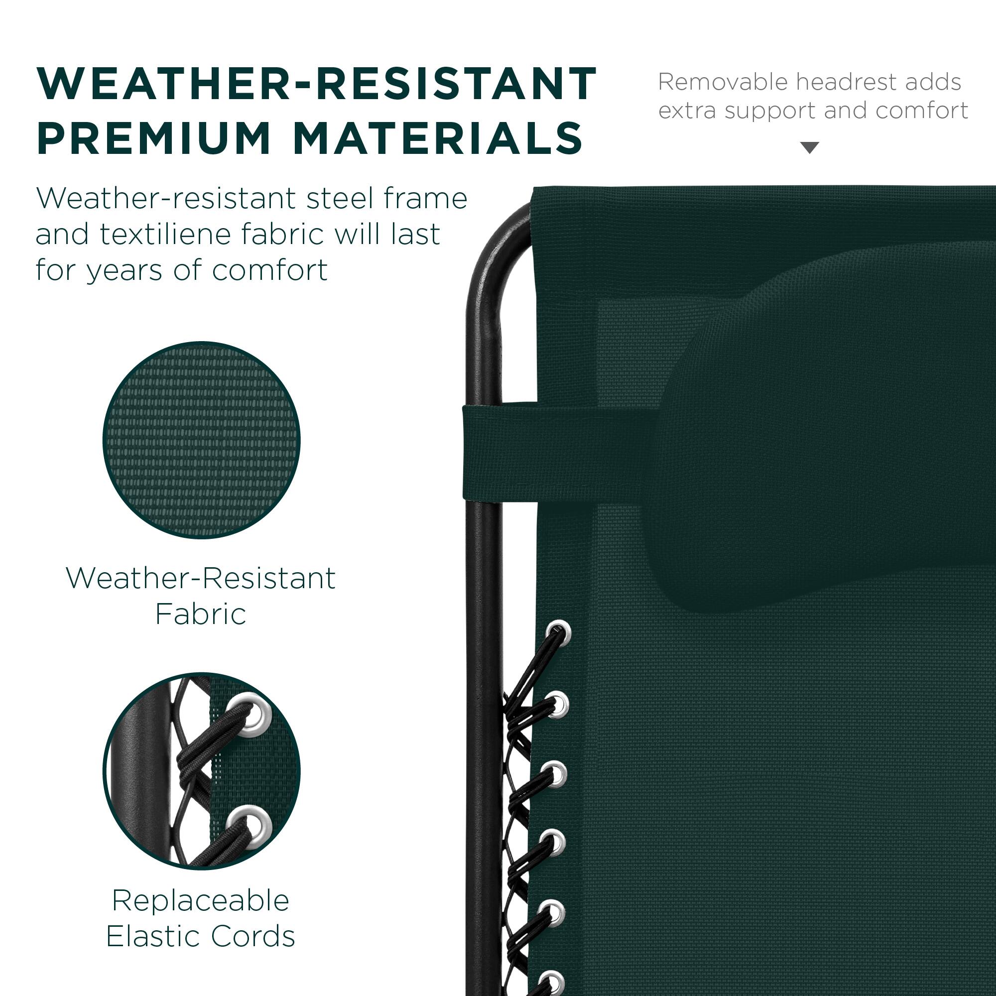 WEATHER-RESISTANT PREMIUM MATERIALS

Weather-resistant steel frame and textilene fabric will last for years of comfort

Weather-Resistant Fabric

Replaceable Elastic Cords

Removable headrest adds extra support and comfort