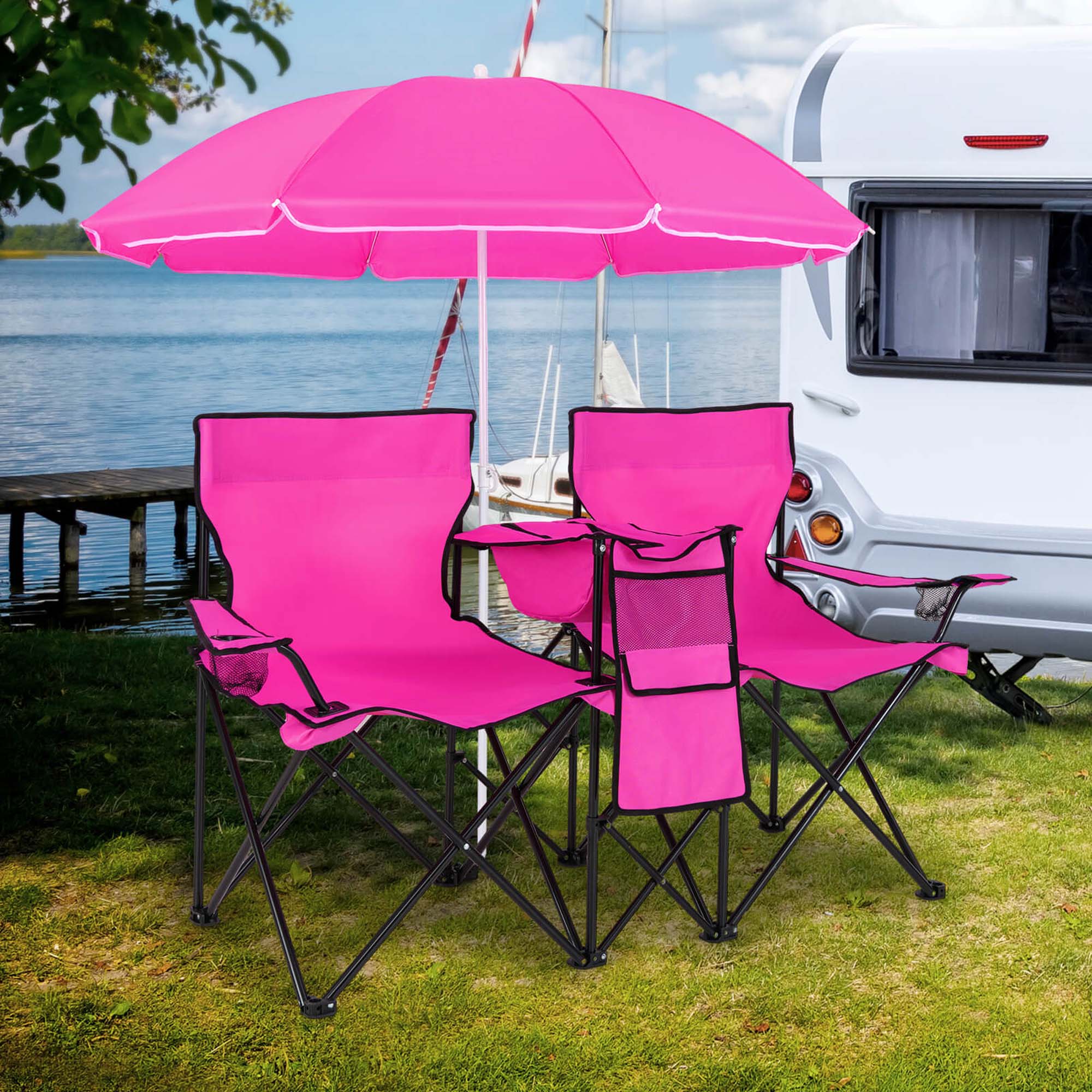 Alt View 1. Costway - Costway Portable Folding Picnic Double Chair with Umbrella Table Cooler Beach Camping Chair - Pink.