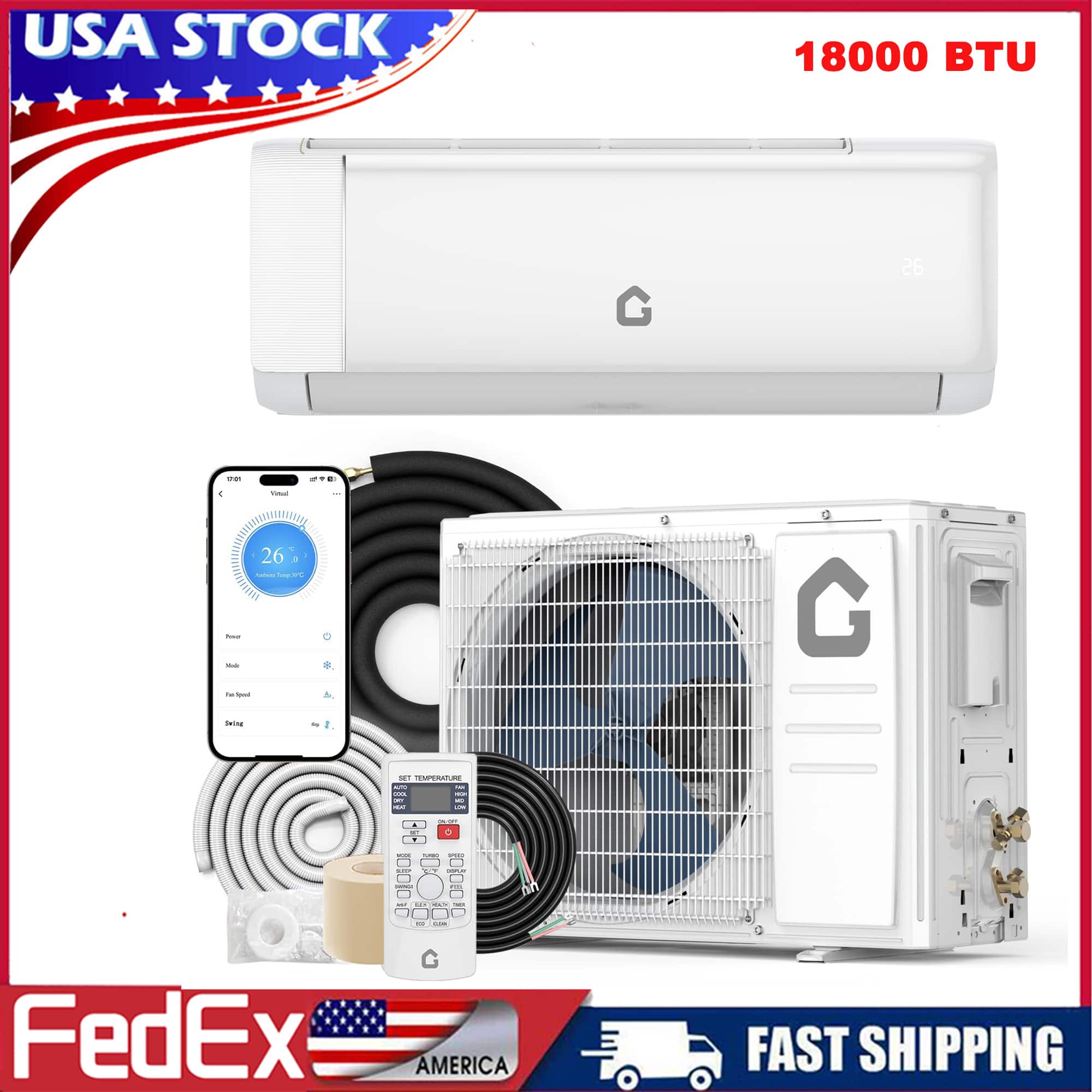 GARVEE - 18000 BTU 21 SEER Mini Ductless Split Air Conditioner & Heat Pump 230V Inverter AC 1.75 TON For 1250 Sq.Ft - White