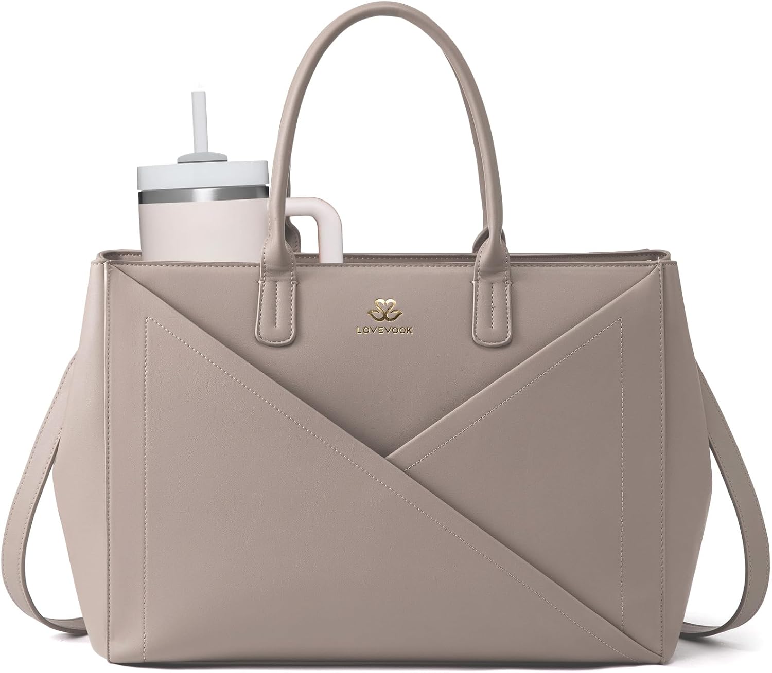 Front. Vulpecula Spade - Laptop Tote Bag for Women with Large Cup Holder, PU Leather Work Bag Teacher Tote Bag, Waterproof Computer Bags - Taupe.