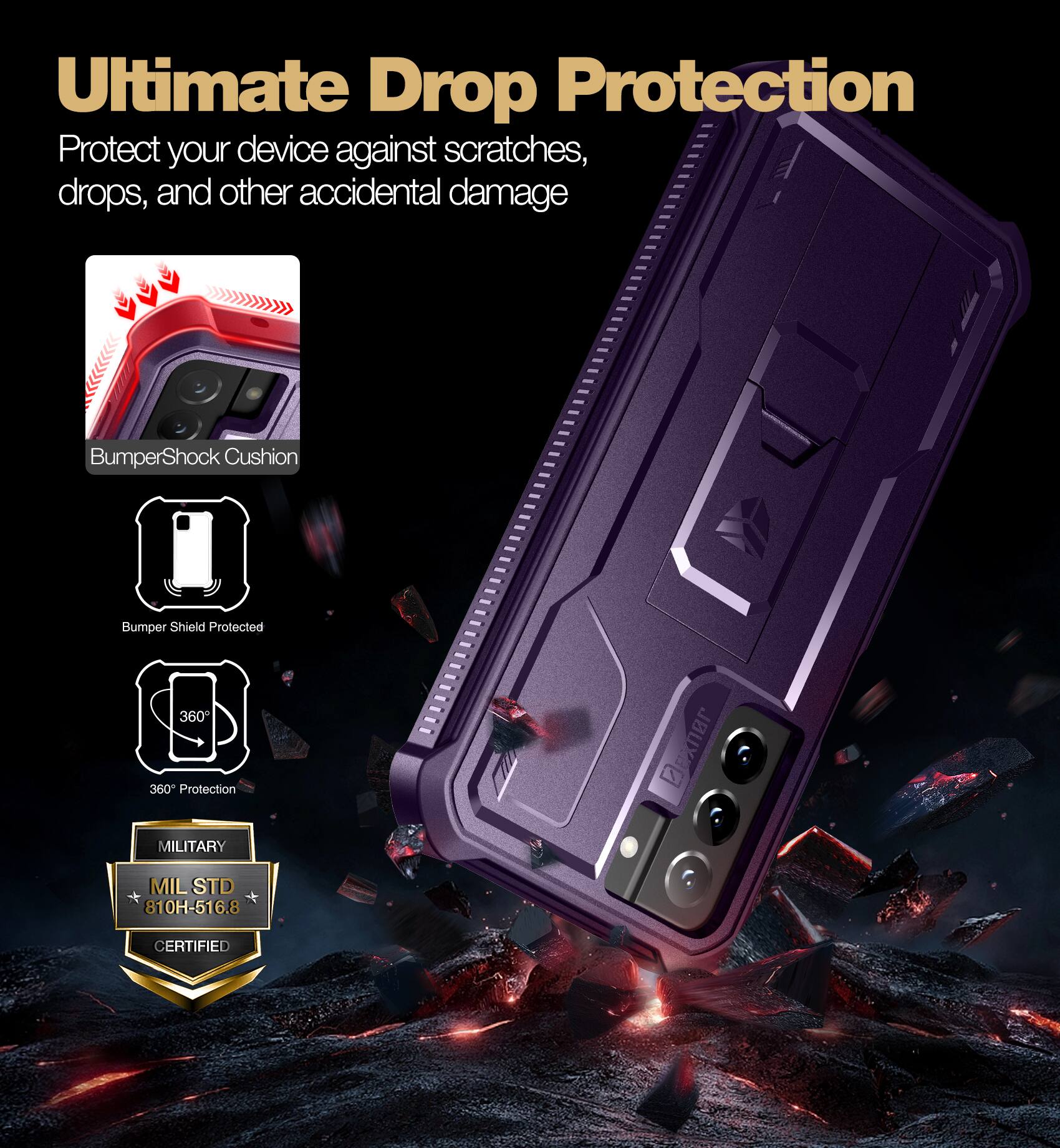 Ultimate Drop Protection

Protect your device against scratches, drops, and other accidental damage

- BumperShock Cushion
- Bumper Shield Protected
- 360° Protection
- MILITARY MIL STD 810H-516.8 CERTIFIED