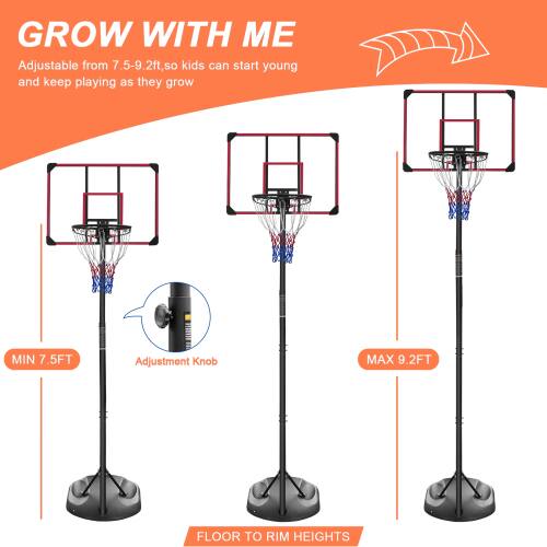 GROW WITH ME  
Adjustable from 7.5-9.2ft, so kids can start young and keep playing as they grow  

MIN 7.5FT  
MAX 9.2FT  

Adjustment Knob  

FLOOR TO RIM HEIGHTS