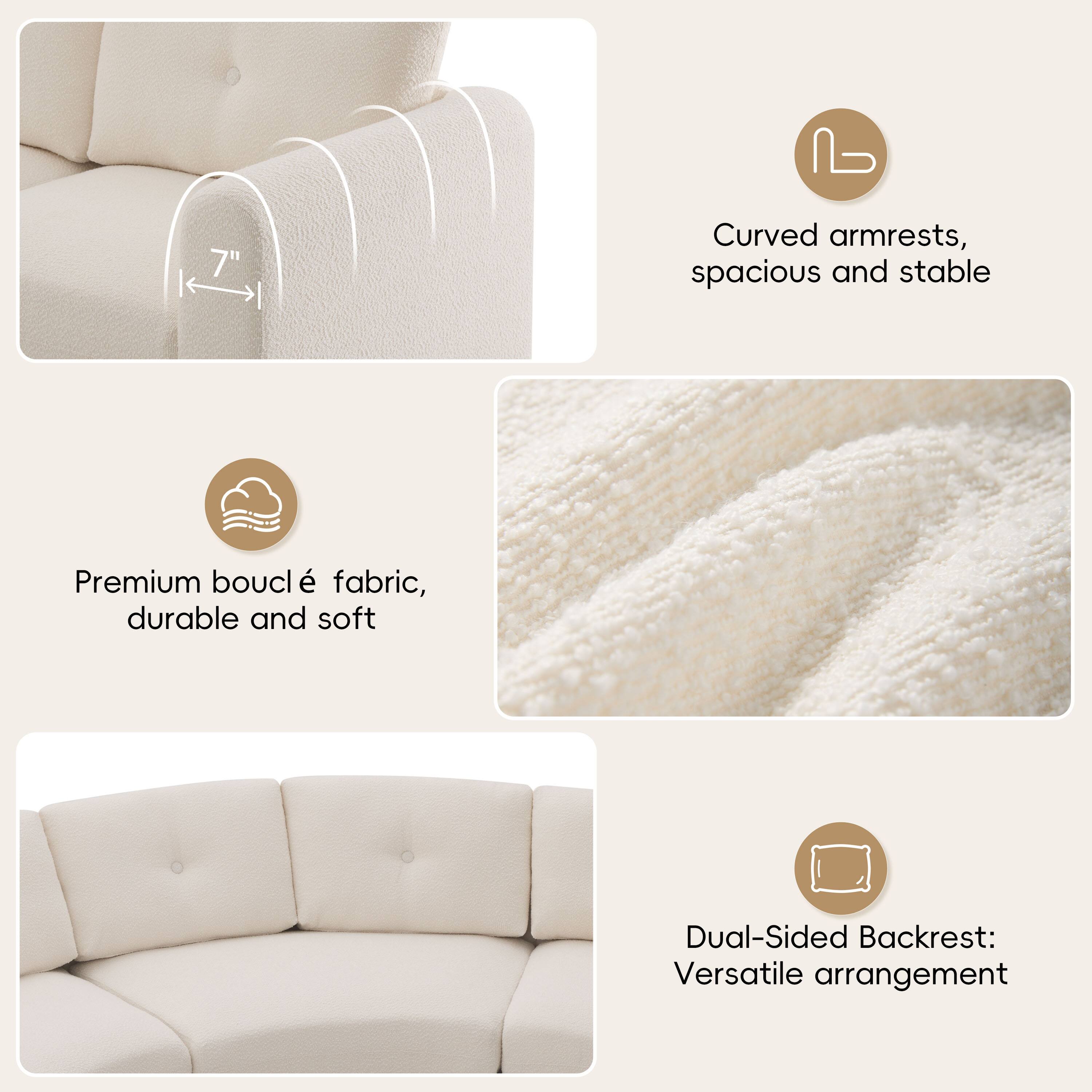 7" Curved armrests, spacious and stable  
Premium bouclé fabric, durable and soft  
Dual-Sided Backrest: Versatile arrangement