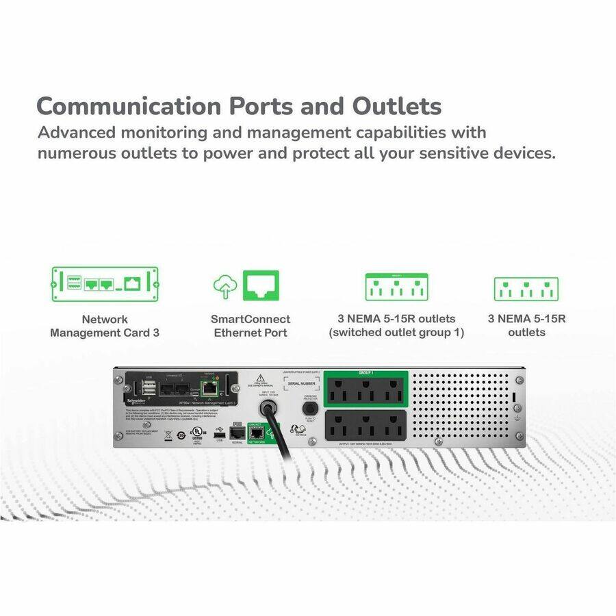 Communication Ports and Outlets

Advanced monitoring and management capabilities with numerous outlets to power and protect all your sensitive devices.

- Network Management Card 3
- SmartConnect Ethernet Port
- 3 NEMA 5-15R outlets (switched outlet group 1)
- 3 NEMA 5-15R outlets
