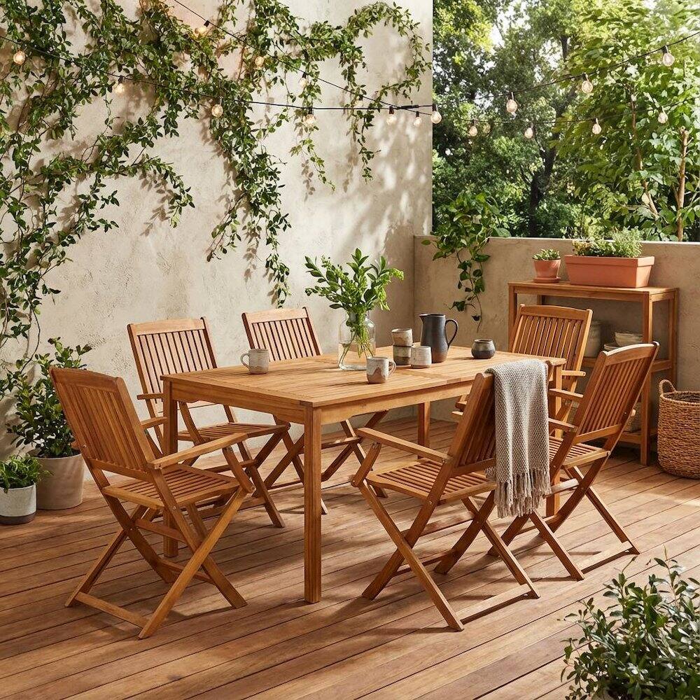 Alt View 2. Outdoor Escape - Oil Finish Wooden Patio Dining Table Set with 6 Outdoor Chairs - Brown.