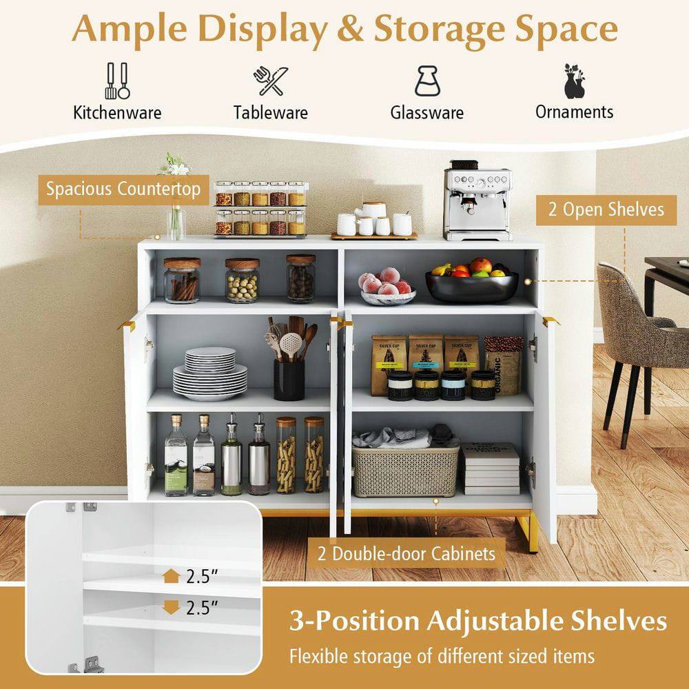 Ample Display & Storage Space  
Kitchenware Tableware Glassware Ornaments  
Spacious Countertop  
2 Open Shelves  
2 Double-door Cabinets  
3-Position Adjustable Shelves  
Flexible storage of different sized items
