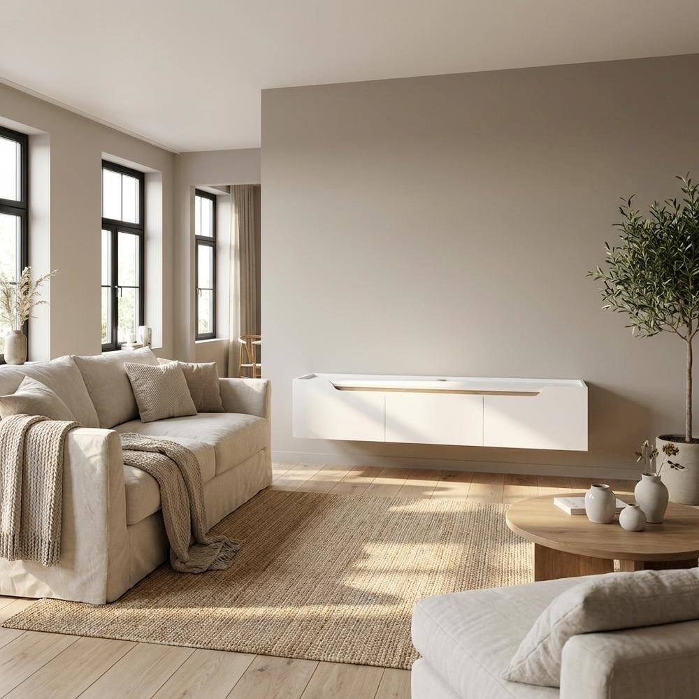 Alt View 2. FurniFact - White Wall-Mounted TV Stand, Up to 80 Inch Screens, Engineered Wood Finish - White.