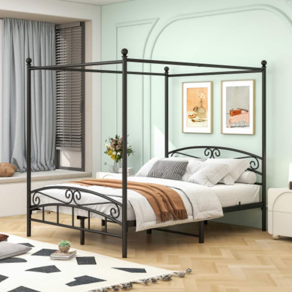 LUCKY ONE - Queen Size Metal Canopy Bed Frame with Headboard and Footboard, 4-Post Design, Steel Tubing, No Box Spring Needed - Black