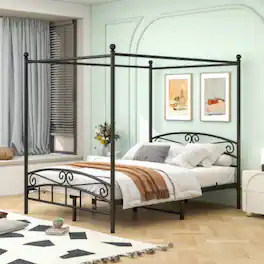 LUCKY ONE - Queen Size Metal Canopy Bed Frame with Headboard and Footboard, 4-Post Design, Steel Tubing, No Box Spring Needed - Black