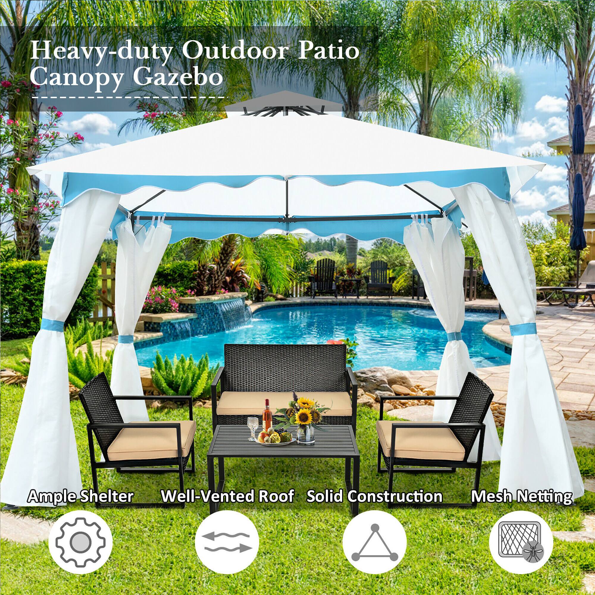 Heavy-duty Outdoor Patio Canopy Gazebo

- Ample Shelter
- Well-Vented Roof
- Solid Construction
- Mesh Netting