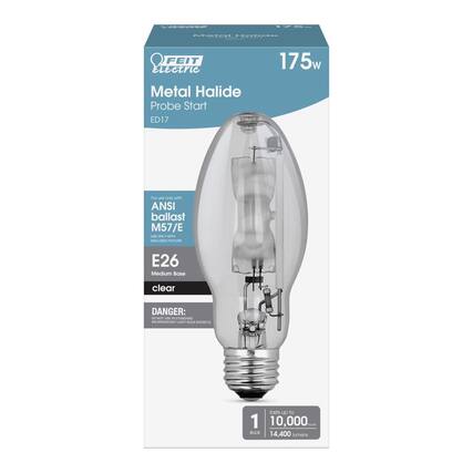 FEIT Electric
Metal Halide
Probe Start
ED17
175w
For use only with ANSI ballast M57/E
E26
Medium Base
clear
DANGER:
DO NOT USE IN INCANDESCENT LIGHT SOCKETS
1
lasts up to
10,000 hours
14,400 lumens