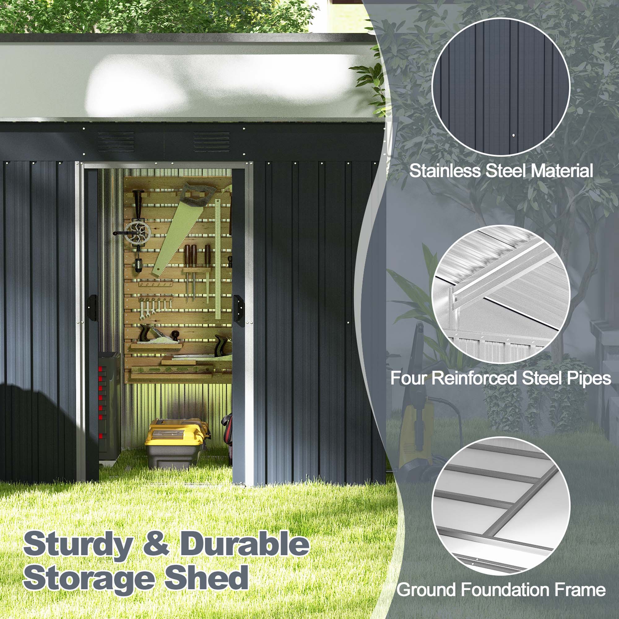 Sturdy & Durable Storage Shed - Stainless Steel Material - Four Reinforced Steel Pipes - Ground Foundation Frame