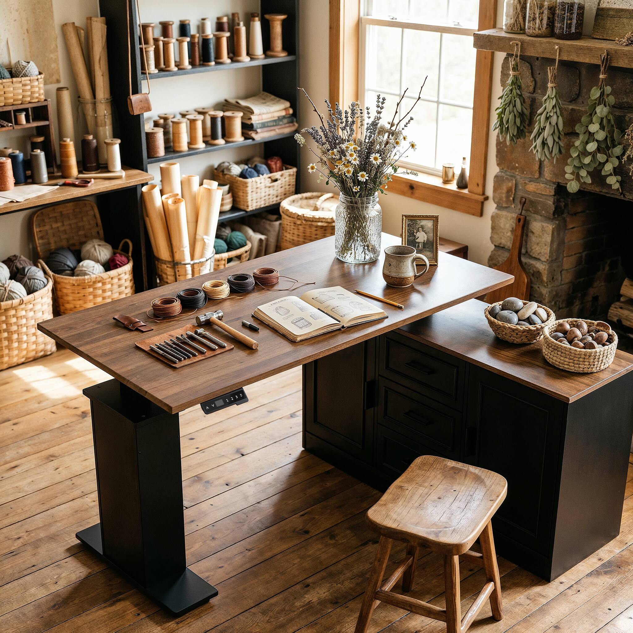 Alt View 7. Famapy - Electric Standing Desk with Storage Cabinet, 55.1" Adjustable Height Workstation, 150 LBS Capacity, Rustic Industrial - Walnut & Black.