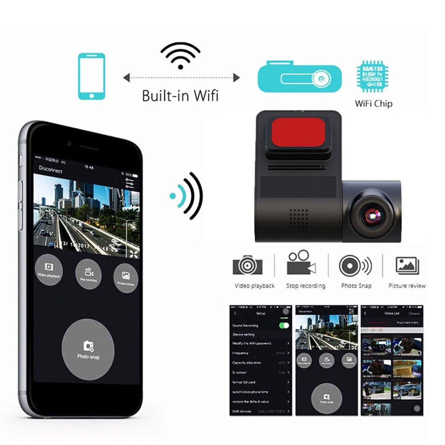 Built-in Wifi  
WiFi Chip  

Video playback  
Stop recording  
Photo Snap  
Picture review  

Sound recording  
Device setting  
Modify the WiFi password  
Frequency  
Capacity allocation  
G-sensor  
Insert SD card  
Synchronize phone time  
Restore the default value  
Device version  

Disconnect  
31 12 2017 0