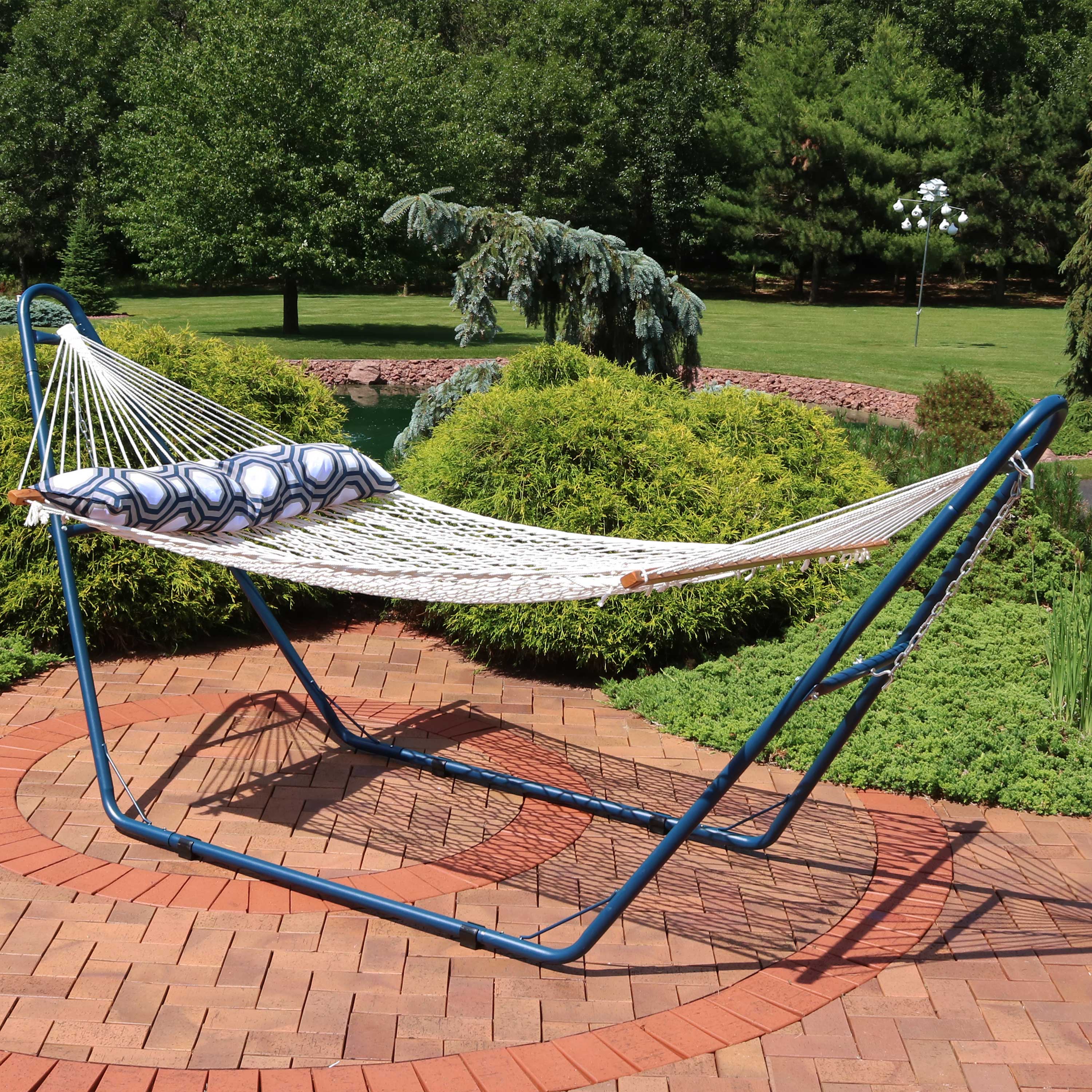 Alt View 1. Sunnydaze - 2-Person Rope Hammock with Blue Steel Stand and Pillow - White.