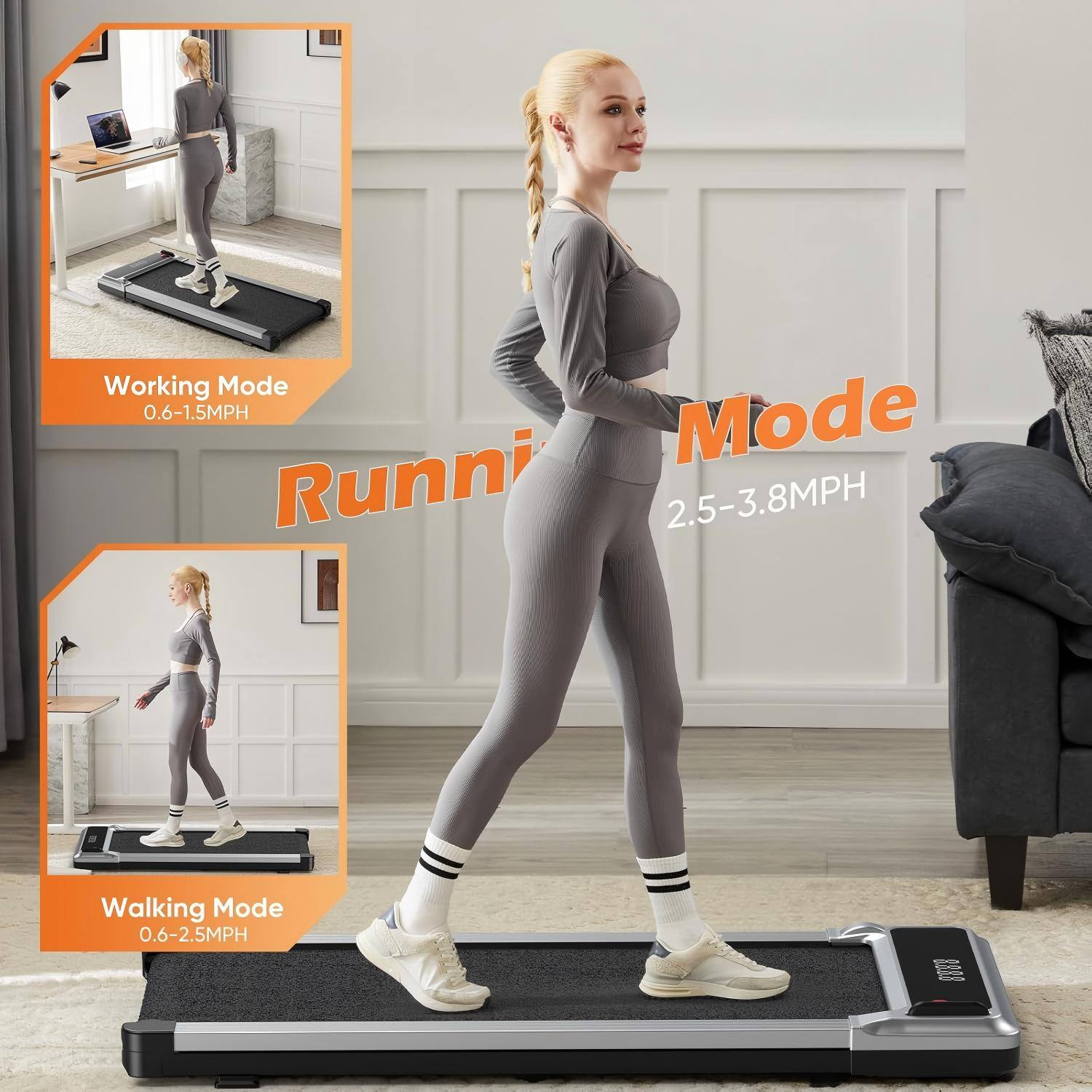 Working Mode  
0.6-1.5MPH  

Running Mode  
2.5-3.8MPH  

Walking Mode  
0.6-2.5MPH