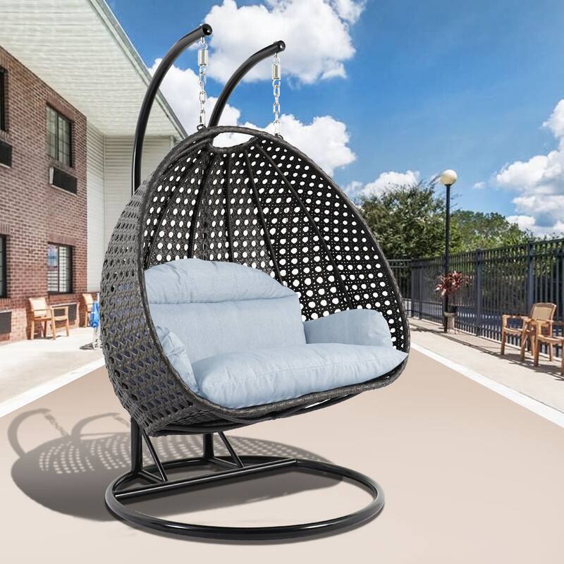 Left. LeisureMod - Leisuremod Outdoor 2-Person Charcoal Wicker Egg Swing Chair with Steel Stand, Washable Cushions & Waterproof Cover - Light Grey.