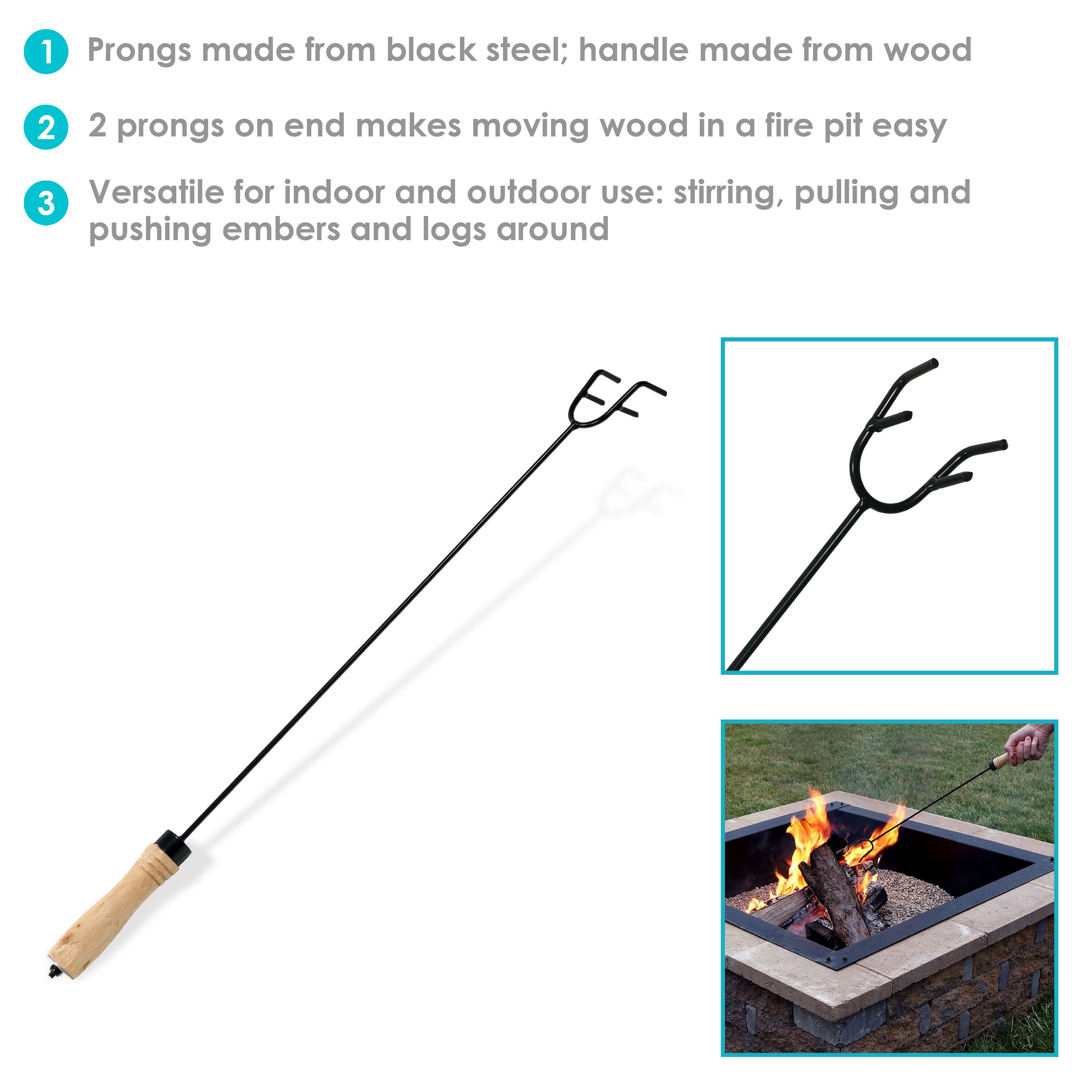 1. Prongs made from black steel; handle made from wood  
2. 2 prongs on end makes moving wood in a fire pit easy  
3. Versatile for indoor and outdoor use: stirring, pulling and pushing embers and logs around