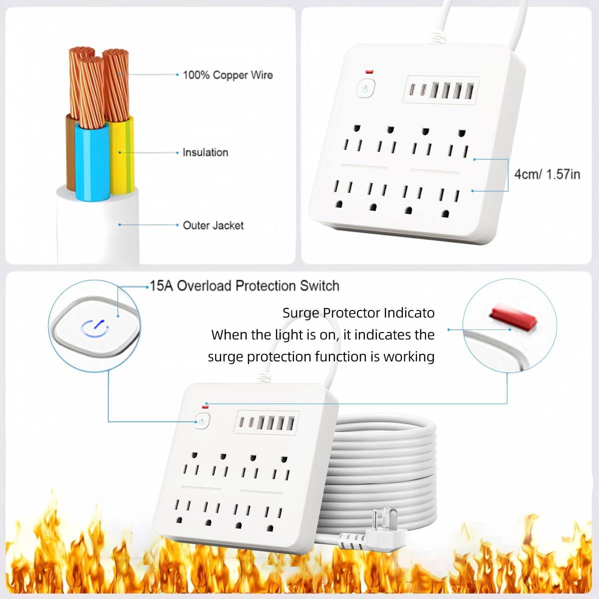 100% Copper Wire  
Insulation  
Outer Jacket  

4cm / 1.57in  

15A Overload Protection Switch  

Surge Protector Indicator  
When the light is on, it indicates the surge protection function is working