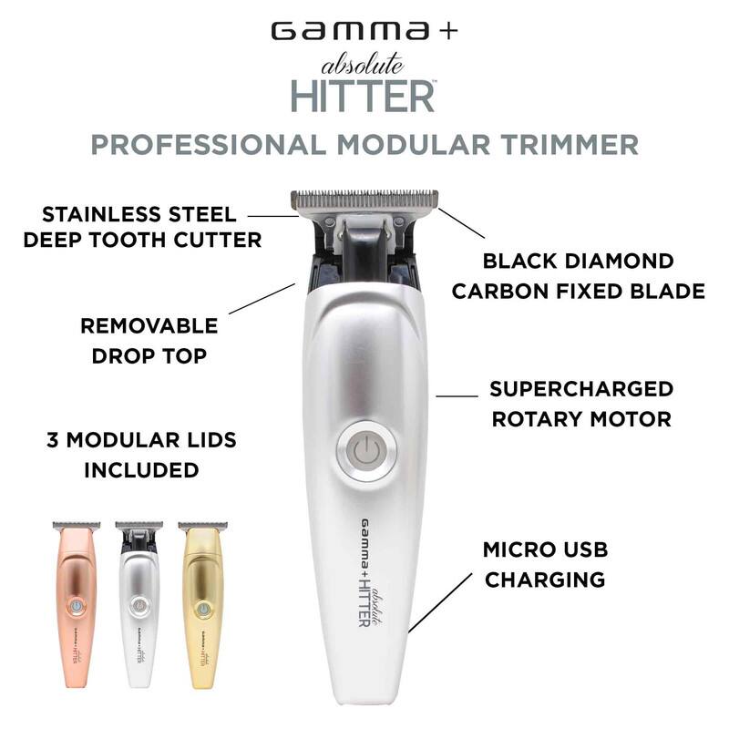 Gamma+ absolute HITTER PROFESSIONAL MODULAR TRIMMER STAINLESS STEEL DEEP TOOTH CUTTER BLACK DIAMOND CARBON FIXED BLADE REMOVABLE DROP TOP 3 MODULAR LIDS INCLUDED SUPERCHARGED ROTARY MOTOR MICRO USB CHARGING