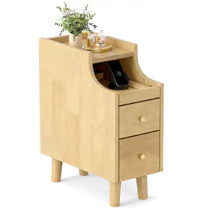 Front. Gymax - Gymax Narrow Nightstand Solid Wood End Table w/ Pull-out Tray & 2 Storage Drawers Natural - Yellow.