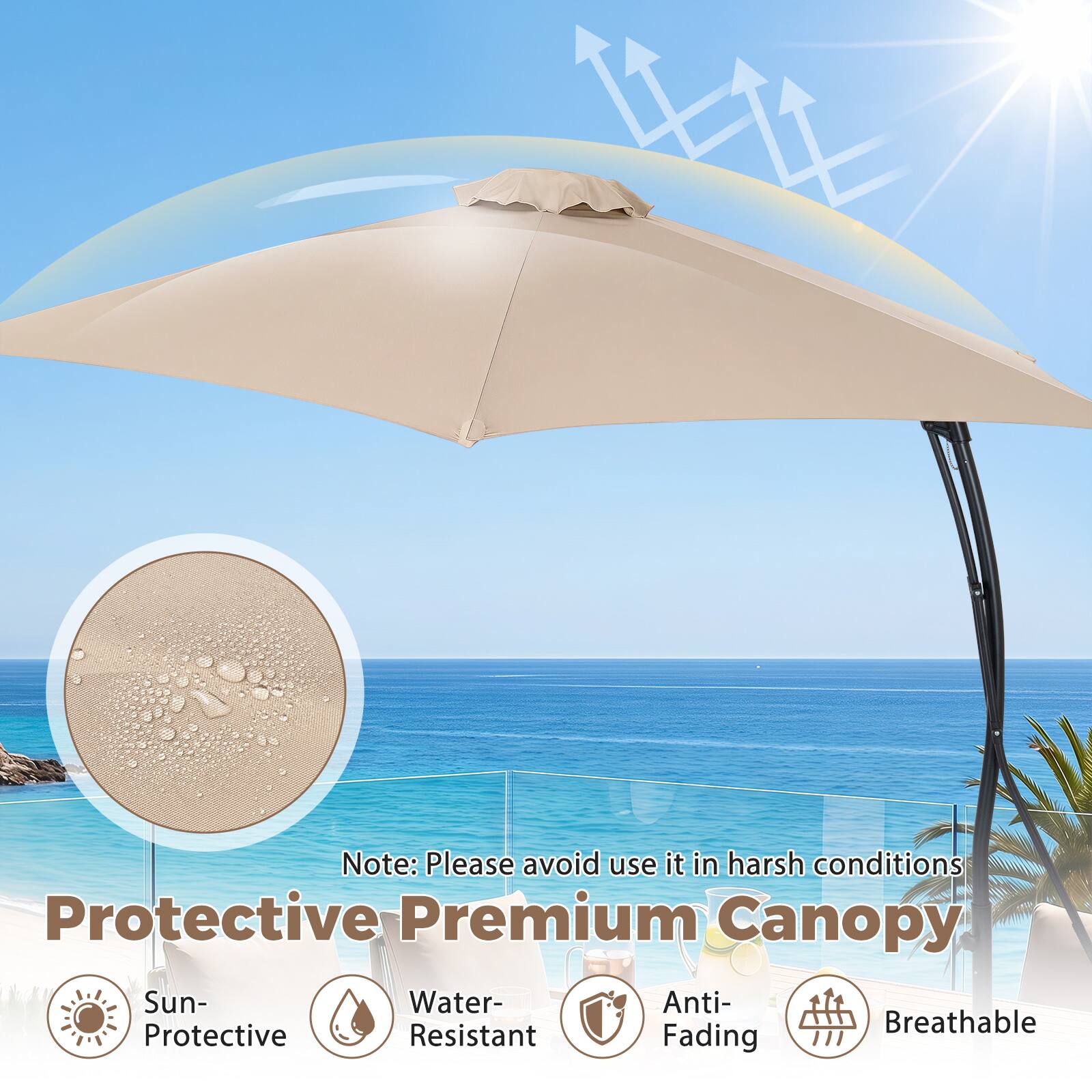 Note: Please avoid use it in harsh conditions  
Protective Premium Canopy  
Sun-Protective  
Water-Resistant  
Anti-Fading  
Breathable