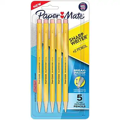 NEW
Paper Mate
CRASER
MADE IN USA
SHARPWRITER
#2 PENCIL
BREAK-PROOF TECHNOLOGY
UNIQUE SHOCK ABSORBING TIP
5 0.7mm mechanical PENCILS