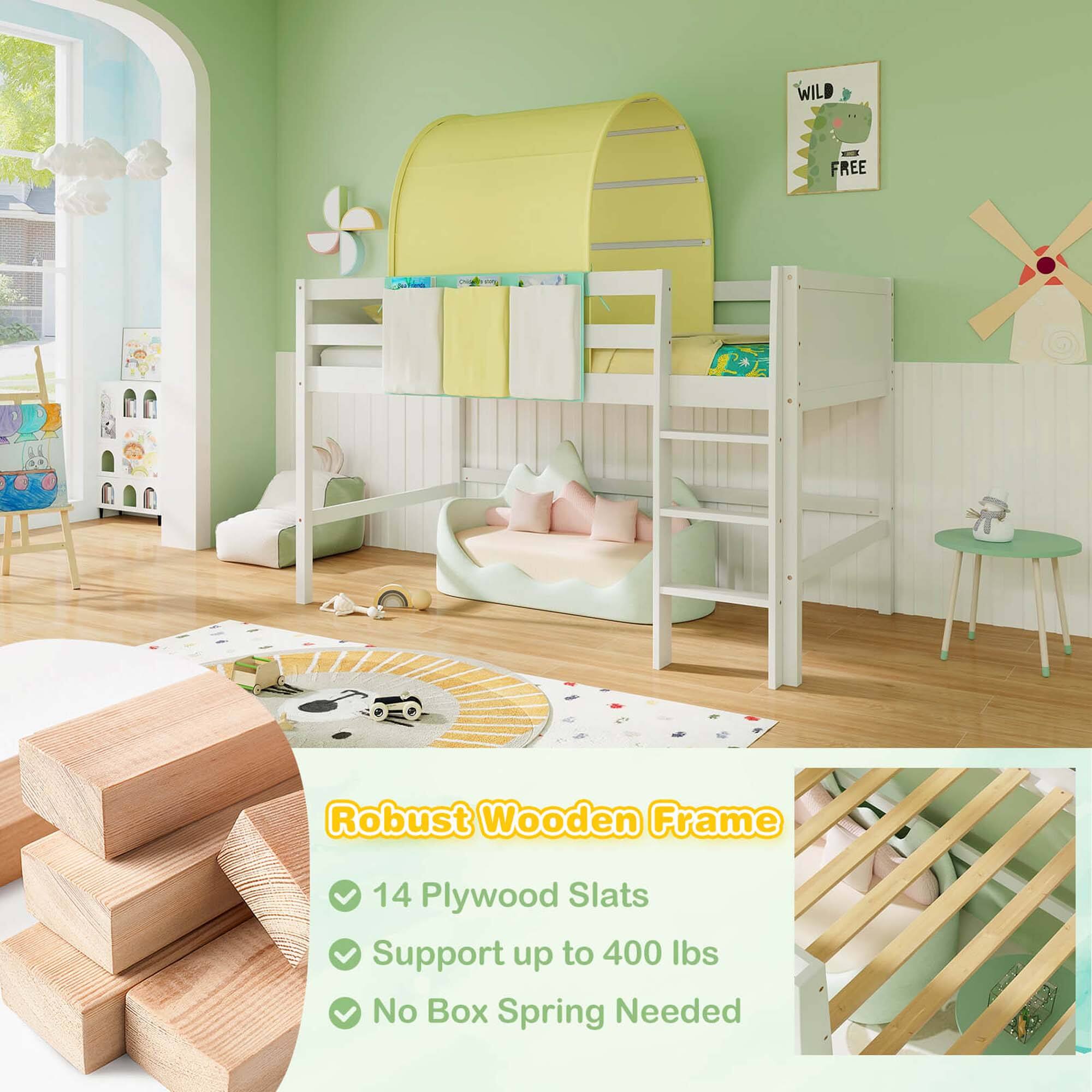 Alt View 5. Costway - Costway Twin Loft Bed with Tower & Tent 3 Storage Pockets Safety Guardrail and Ladder - Turquoise,White.