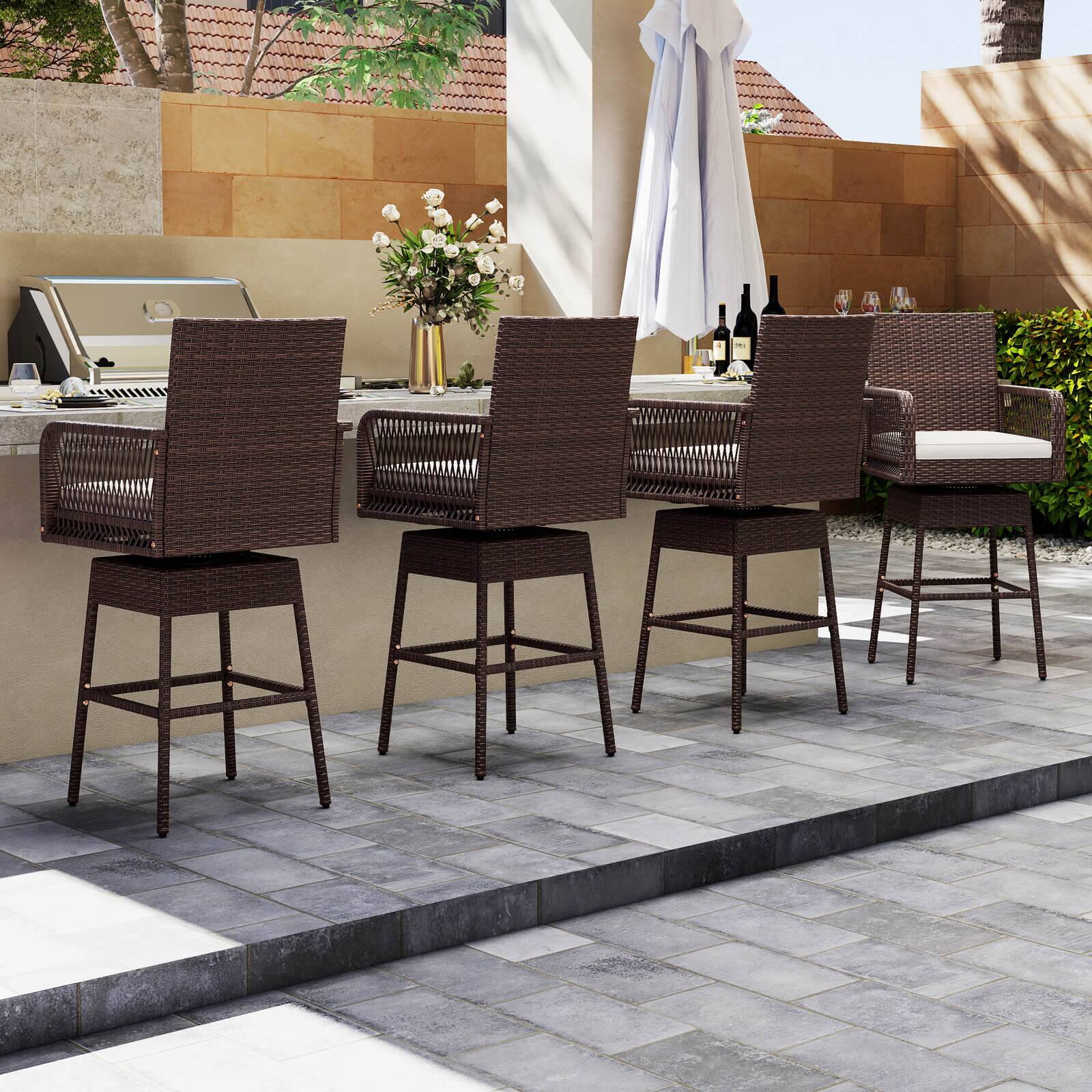 Alt View 4. Costway - Costway 2 PCS 29" Patio 360° Swivel Bar Stool with Cross-Woven Armrests Footrest Metal Frame - Mix Brown,Off White.