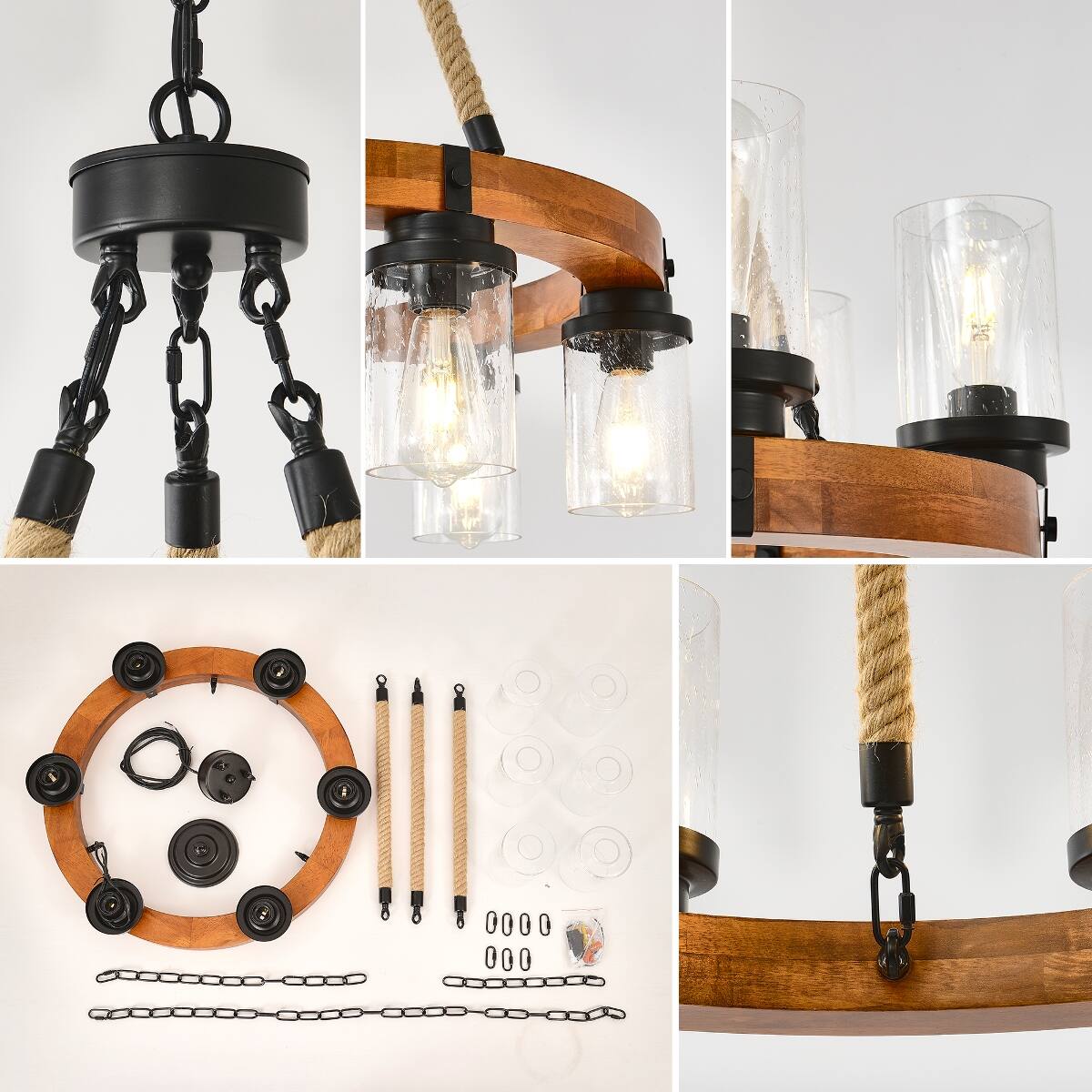 Loheer Rustic Wagon Wheel Chandelier, Six Light Wood and Metal Pendant ...