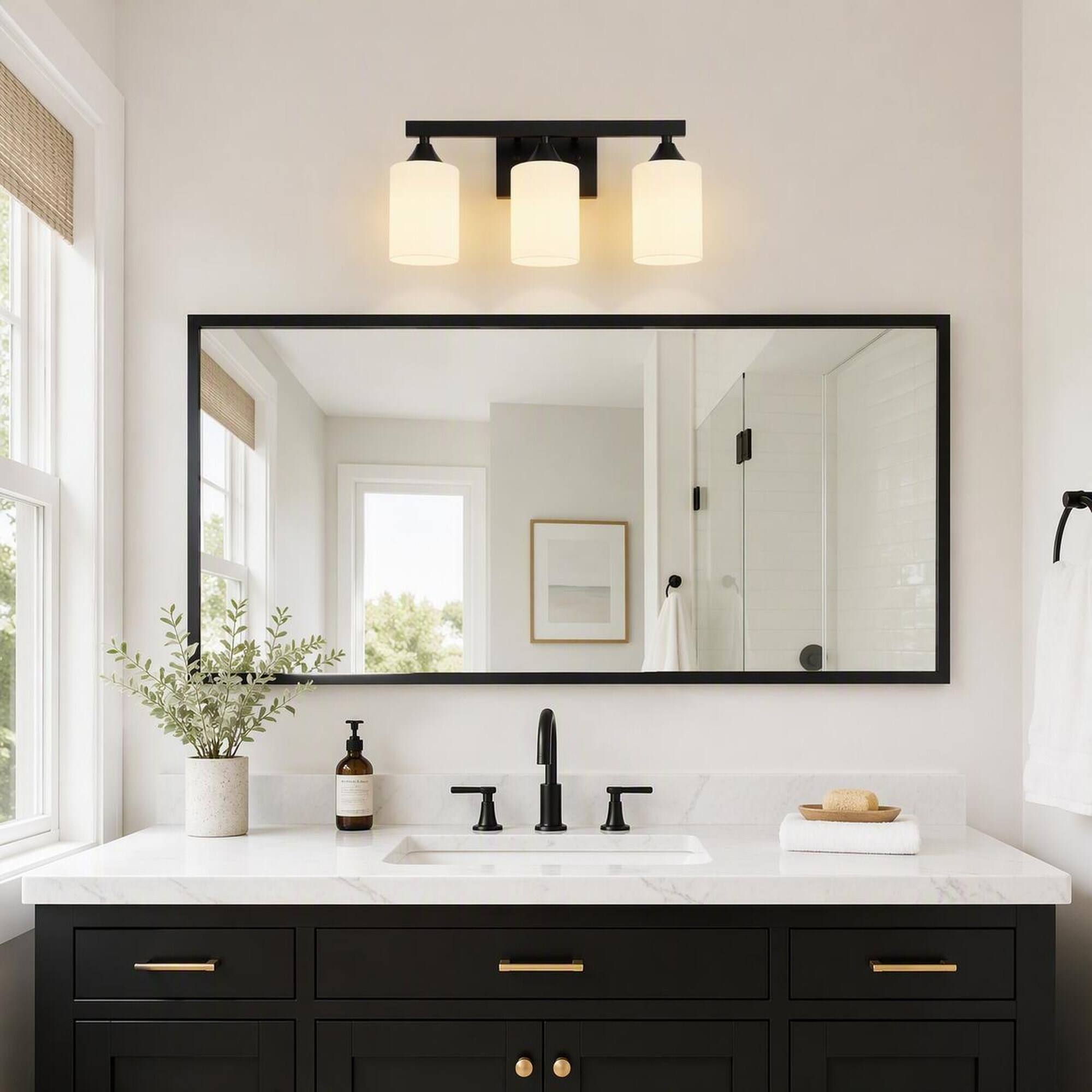 Left. RYHNUYNE - Matte Black 3-Light Bathroom Vanity Light, Moisture-Resistant Metal Wall Sconce with Frosted Glass Shades.