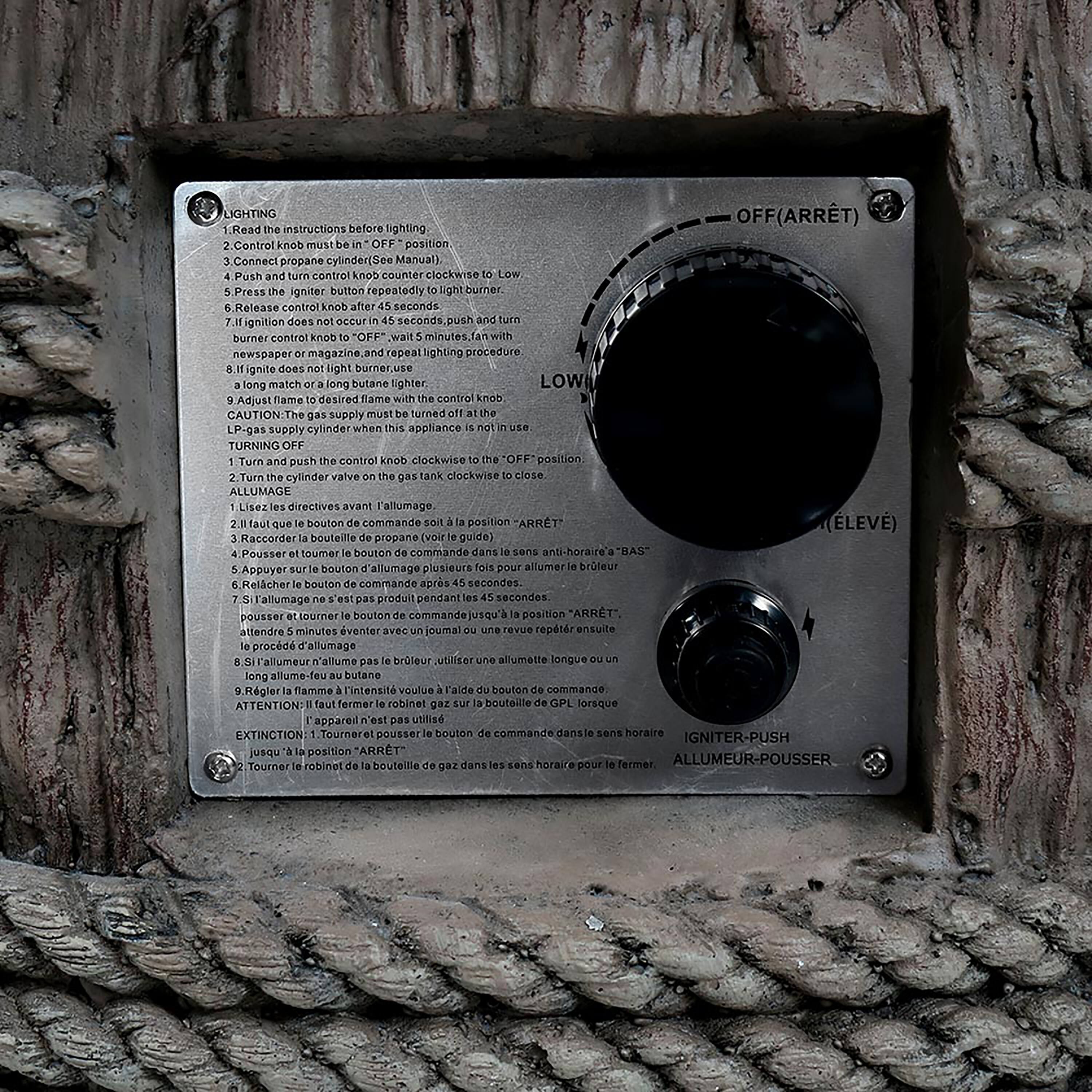 **LIGHTING**

1. Read the instructions before lighting.
2. Control knob must be in "OFF" position.
3. Connect propane cylinder (See Manual).
4. Push and turn control knob clockwise to "LOW".
5. Press the igniter button repeatedly to light burner.
6. Release control knob after 45 seconds.
7. If ignition does not occur in 45 seconds, push and turn burner control knob to "OFF" position.
8. Wait 5 minutes. If burner does not ignite, use a newspaper or magazine and repeat lighting procedure.
9. If burner does not light, use a long match or a long butane lighter.
10. Adjust flame to desired flame with control knob.
11. CAUTION: The gas supply must be turned off at the LP-gas supply cylinder when this appliance is not in use.

**TURNING OFF**

1. Push the control knob clockwise to the "OFF" position.
2. Turn the cylinder valve on the gas tank clockwise to close.

**ALLUMAGE**

1. Lisez les directives avant l'allumage.
2. Assurez que le bouton de commande soit à la position "ARRÊT".
3. Raccorder la bouteille de