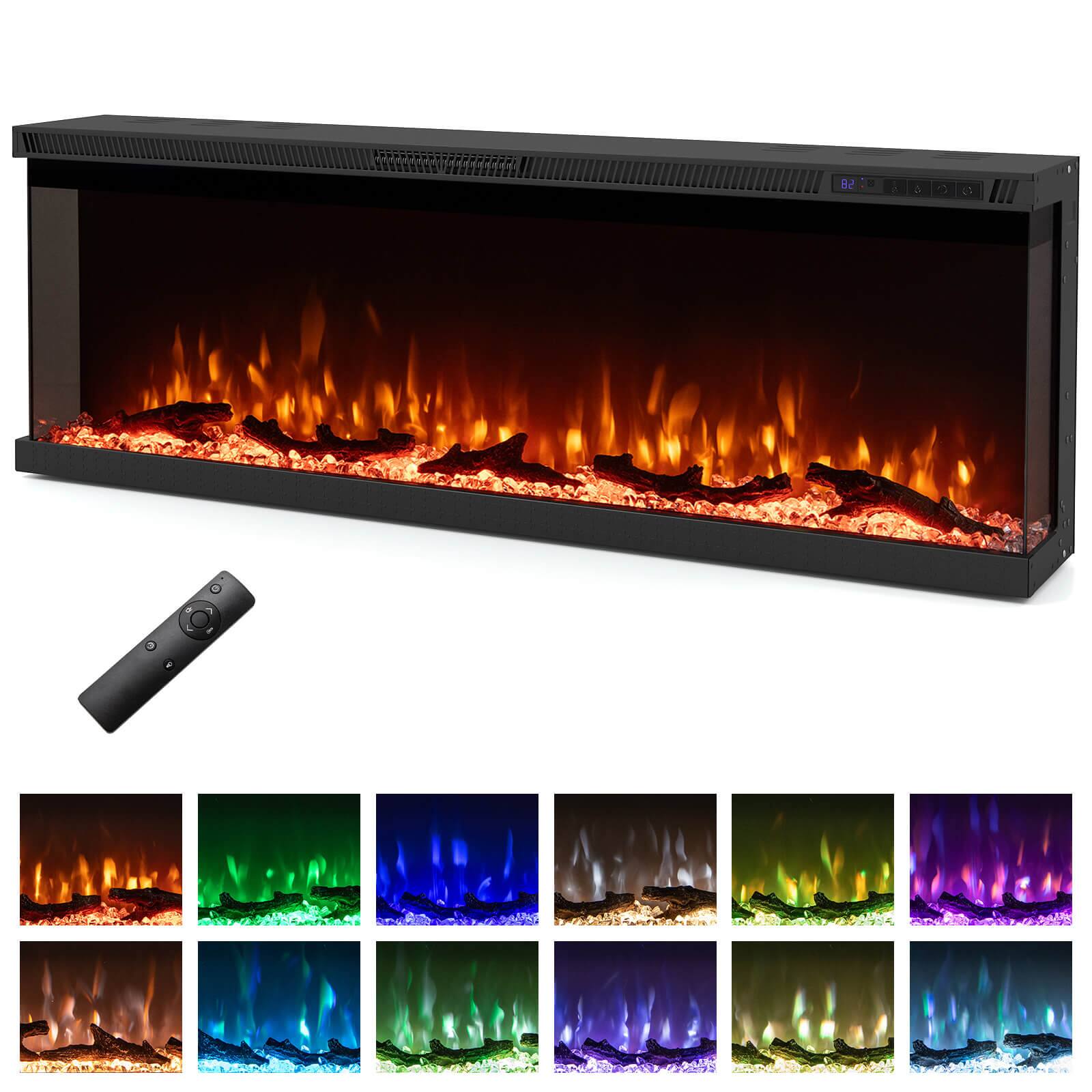 Costway - 50" Wide 3-Sided Electric Fireplace Insert 750with 1200W Recessed Wall-Mounted Heater - Black