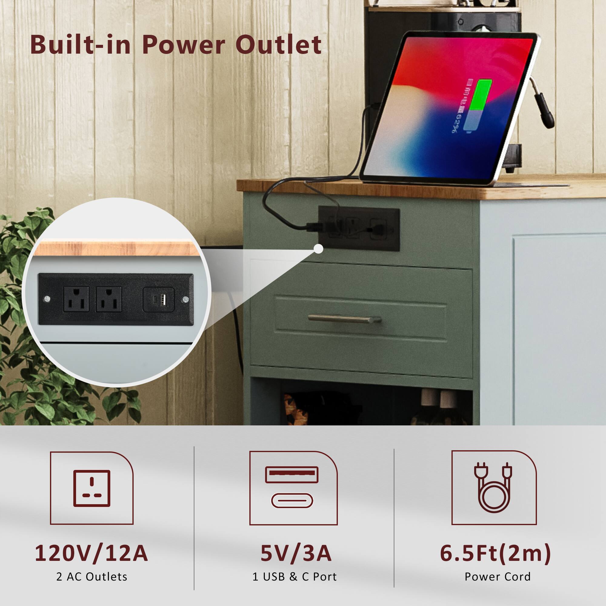 Built-in Power Outlet

- 120V/12A
  - 2 AC Outlets
- 5V/3A
  - 1 USB & C Port
- 6.5Ft (2m) Power Cord