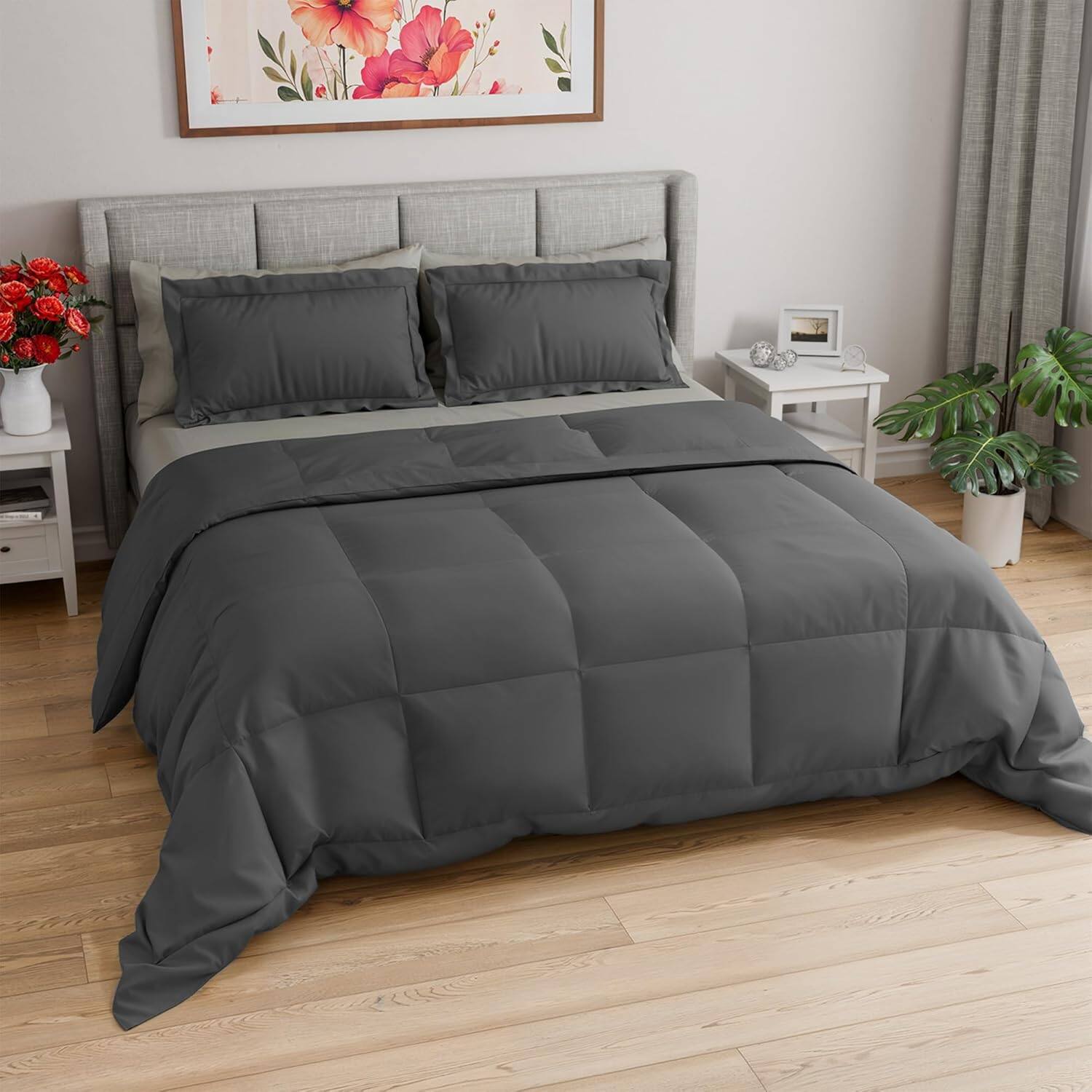 CGK Linens - Soft Quilted Comforter with Corner Tabs & Pillow Shams - Comfy, Cozy & Breathable - Premium Down Duvet Insert - Queen - Dark Gray