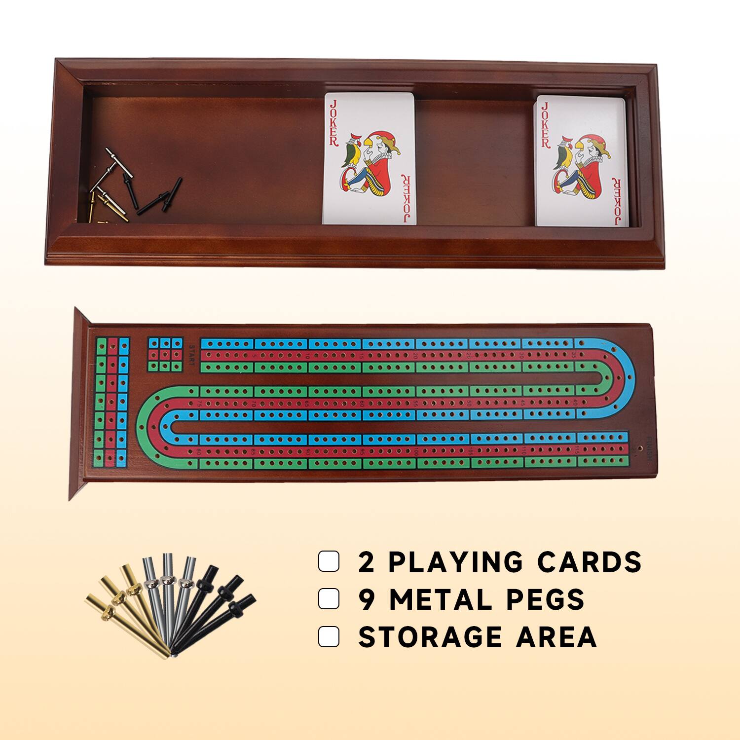 JOKER JOKER + . START + I 2 PLAYING CARDS 9 METAL PEGS STORAGE AREA