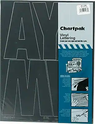 Chartpak Vinyl Lettering
Create your own signs and labels like a pro.
Chartpak Vinyl Lettering is available in the contemporary Helvetica Medium and other popular styles. It is ideal for both indoor and outdoor applications.
HOW TO USE:
1. Peel off the backing from the letter.
2. Apply the letter to the surface.
3. Remove the backing from the letter.
4. Smooth out the letter to ensure it adheres properly.
SAL
0114