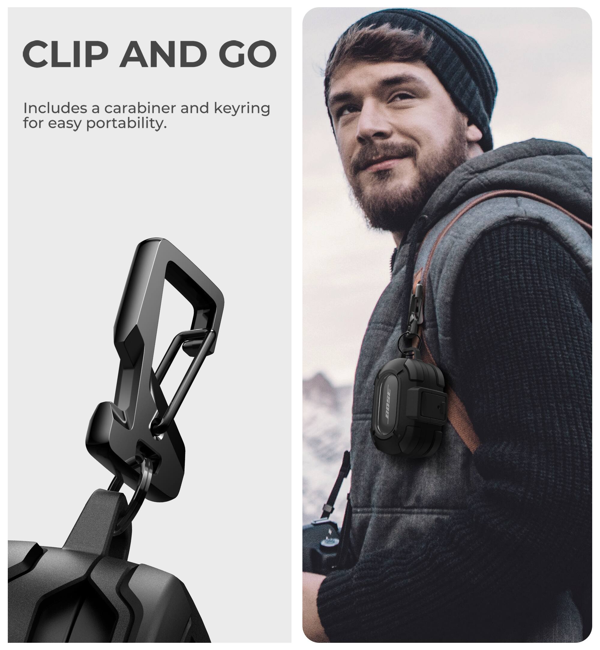 CLIP AND GO  
Includes a carabiner and keyring for easy portability.