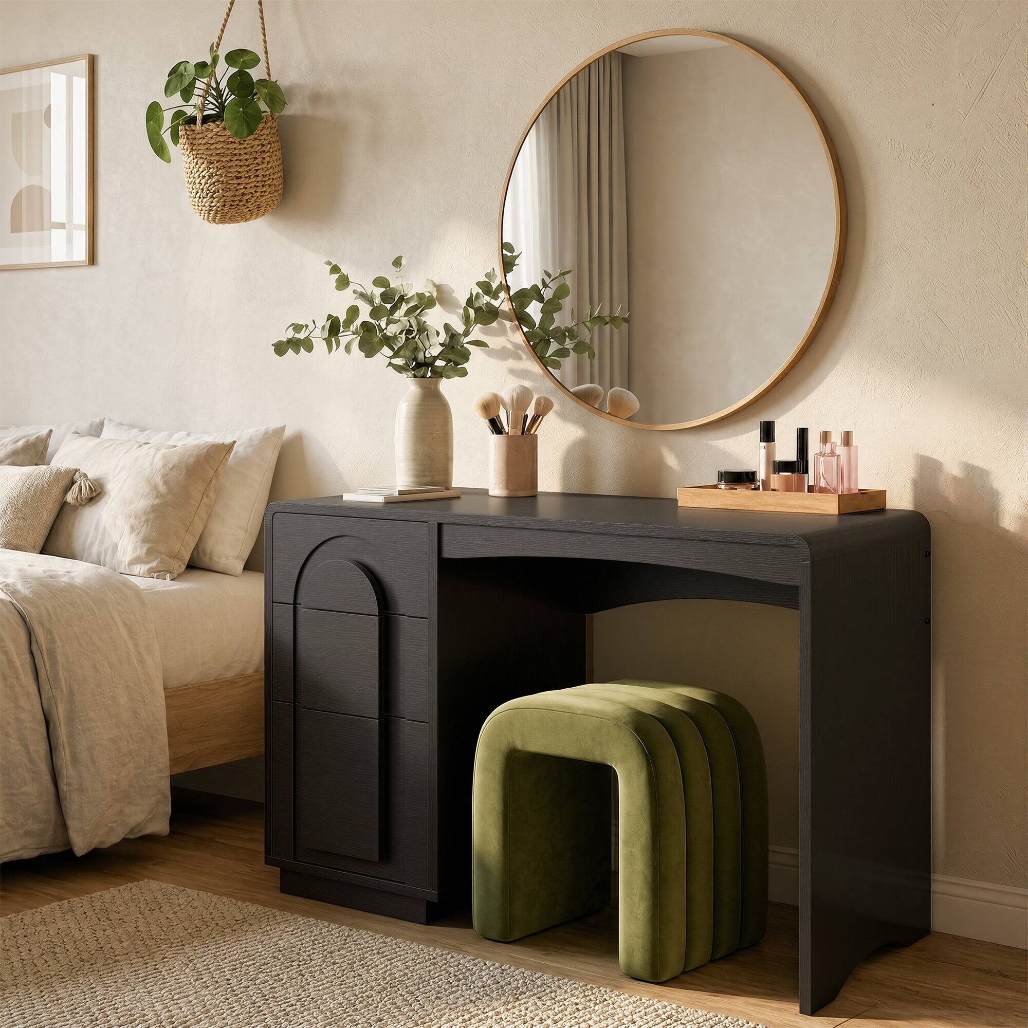 Left. Bestier - 47.2 Inch Office Desk with 3 Versatile Drawers and Sliding Rails, Modern Curved Rounded Corner for Home Office Desk - Black.