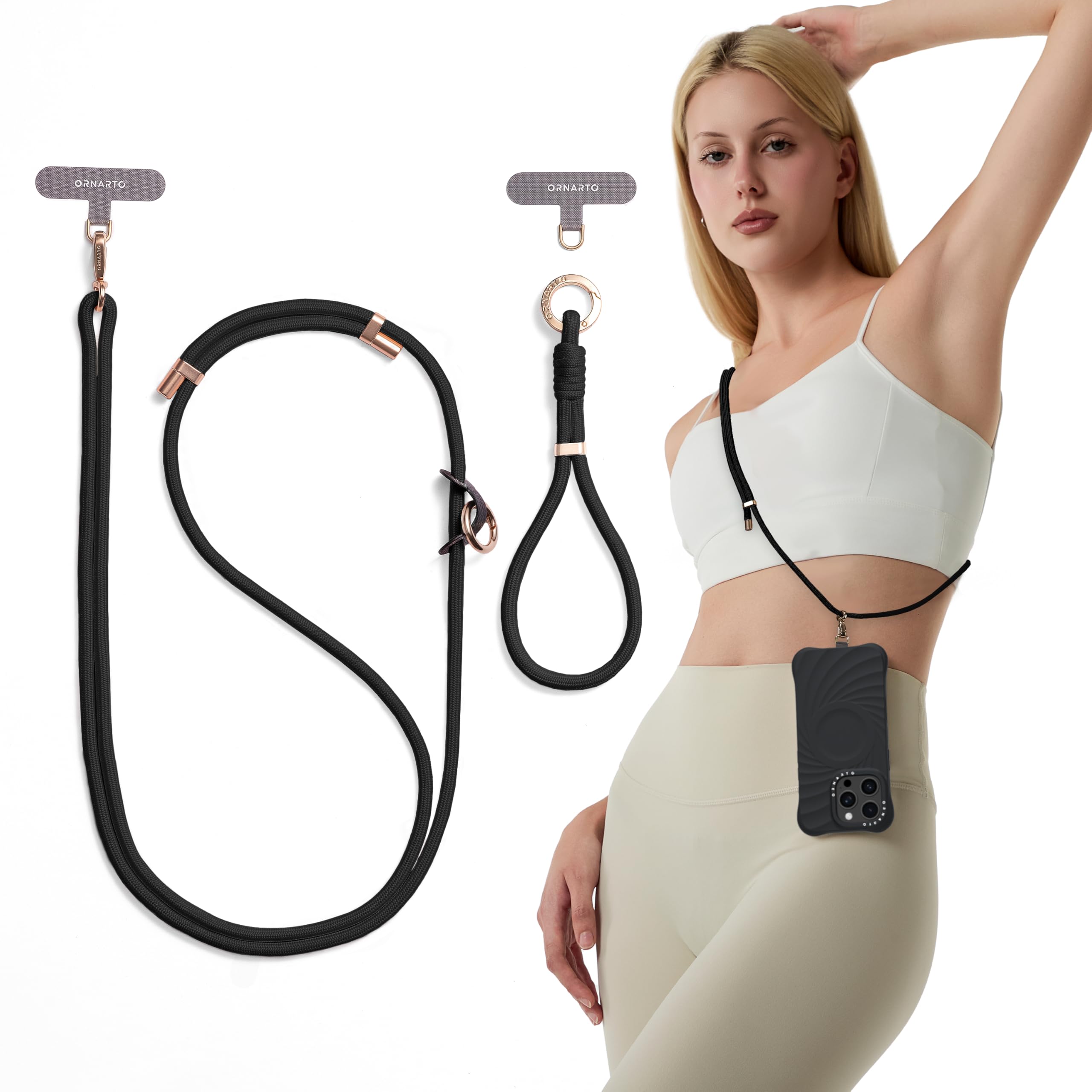Ornarto - Adjustable Phone Lanyard–Crossbody & Wrist Strap,Durable & Skin-Friendly, Universal Fit for All Phones - Black