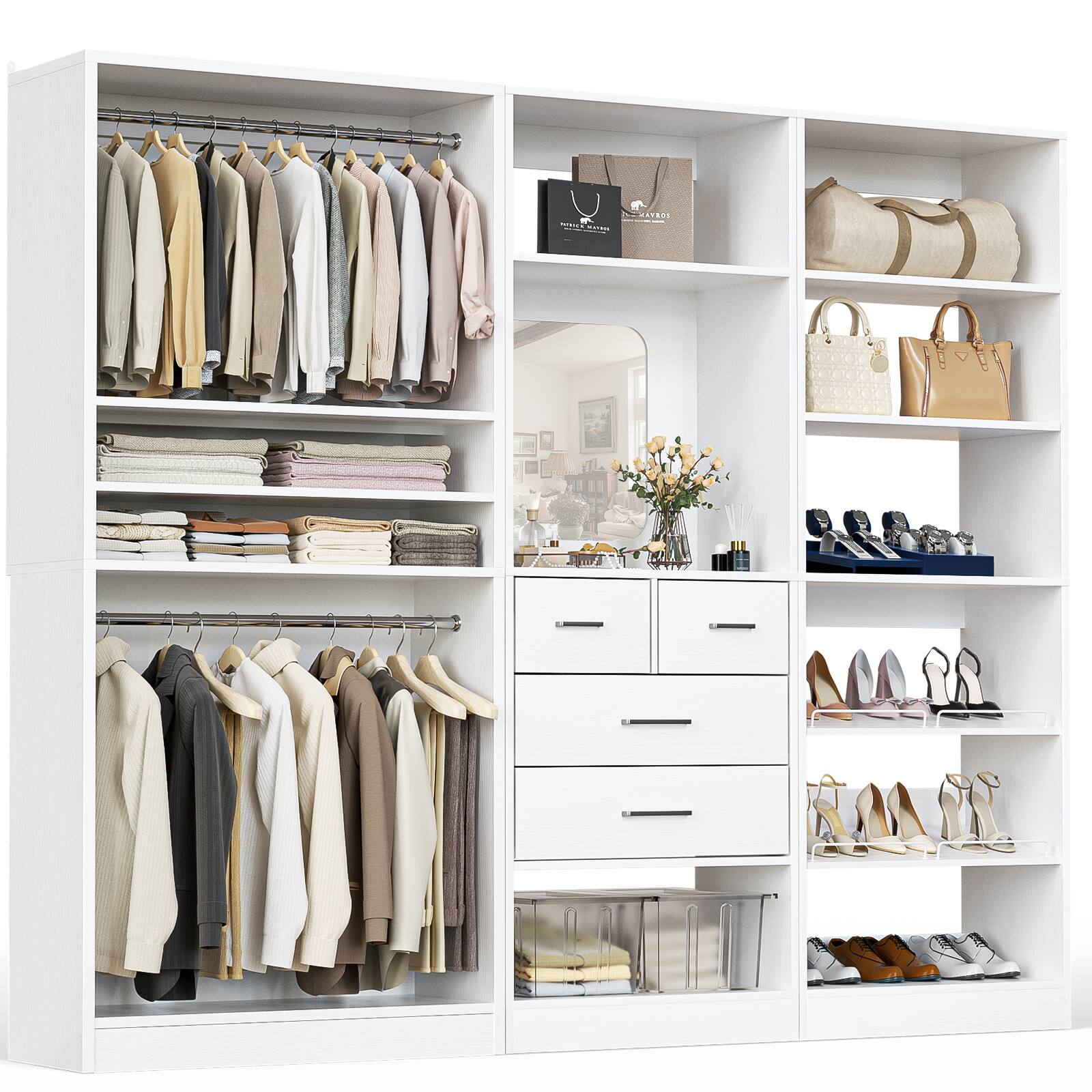 Angle. Aheaplus - Large Walk-in Closet System Set of 3, 86'' Wide Closet Storage System with Drawers, Hanging Rods and Shoe Racks - White.
