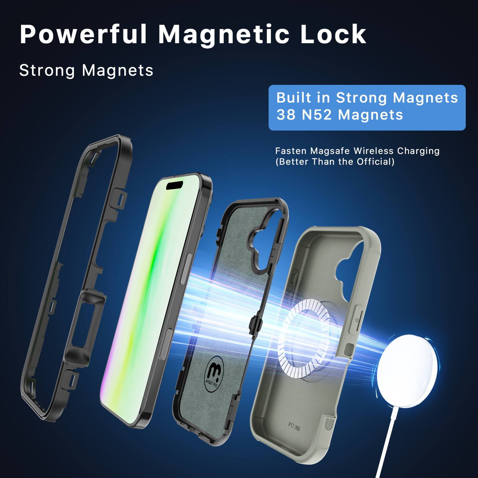 Powerful Magnetic Lock  
Strong Magnets  

Built in Strong Magnets  
38 N52 Magnets  

Fasten Magsafe Wireless Charging  
(Better Than the Official)