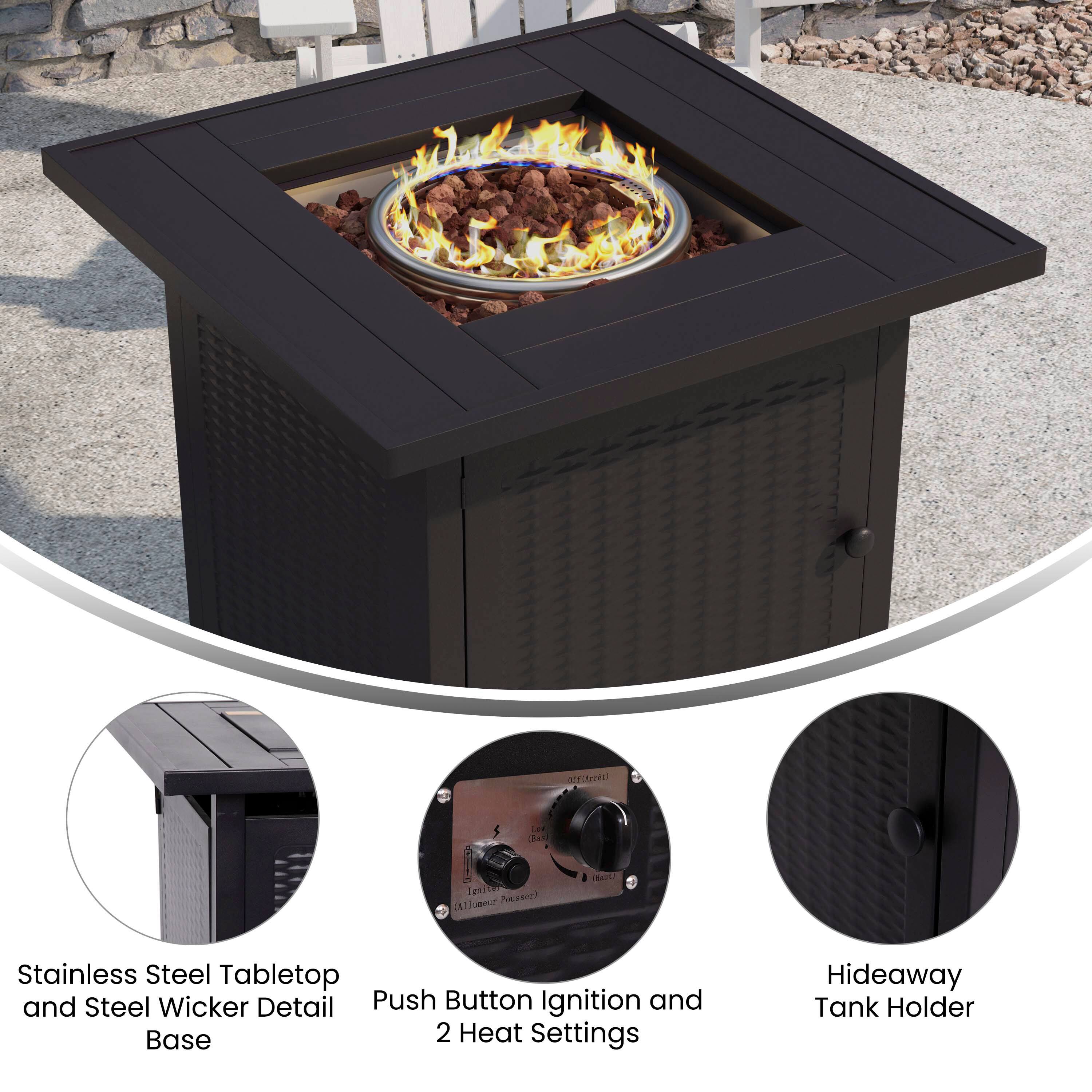 - Stainless Steel Tabletop and Steel Wicker Detail Base
- Push Button Ignition and 2 Heat Settings
- Hideaway Tank Holder