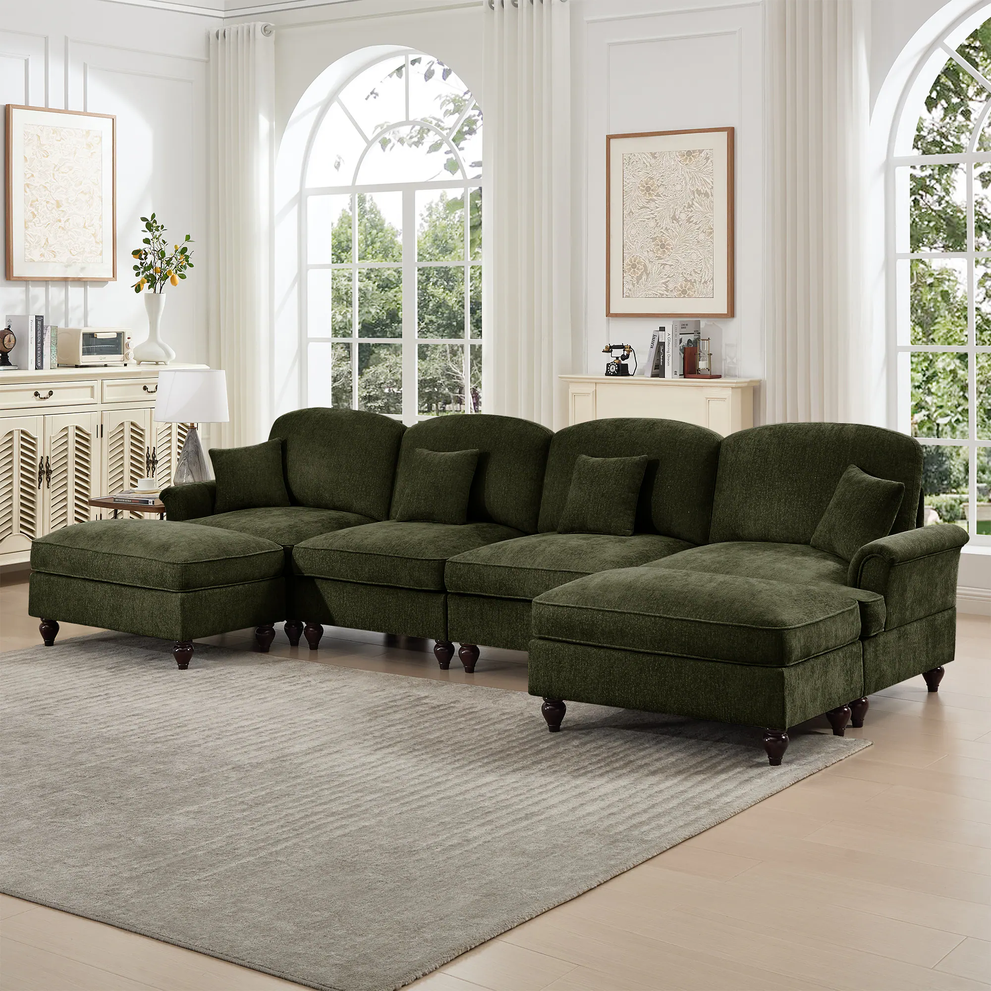 Angle. Anysun - Classic U-Shape Chenille 4-Seat Sectional with Ottomans - Flared Arms, Ruffled Skirt & Spindle Legs, Deep Cloud Seat - Green.